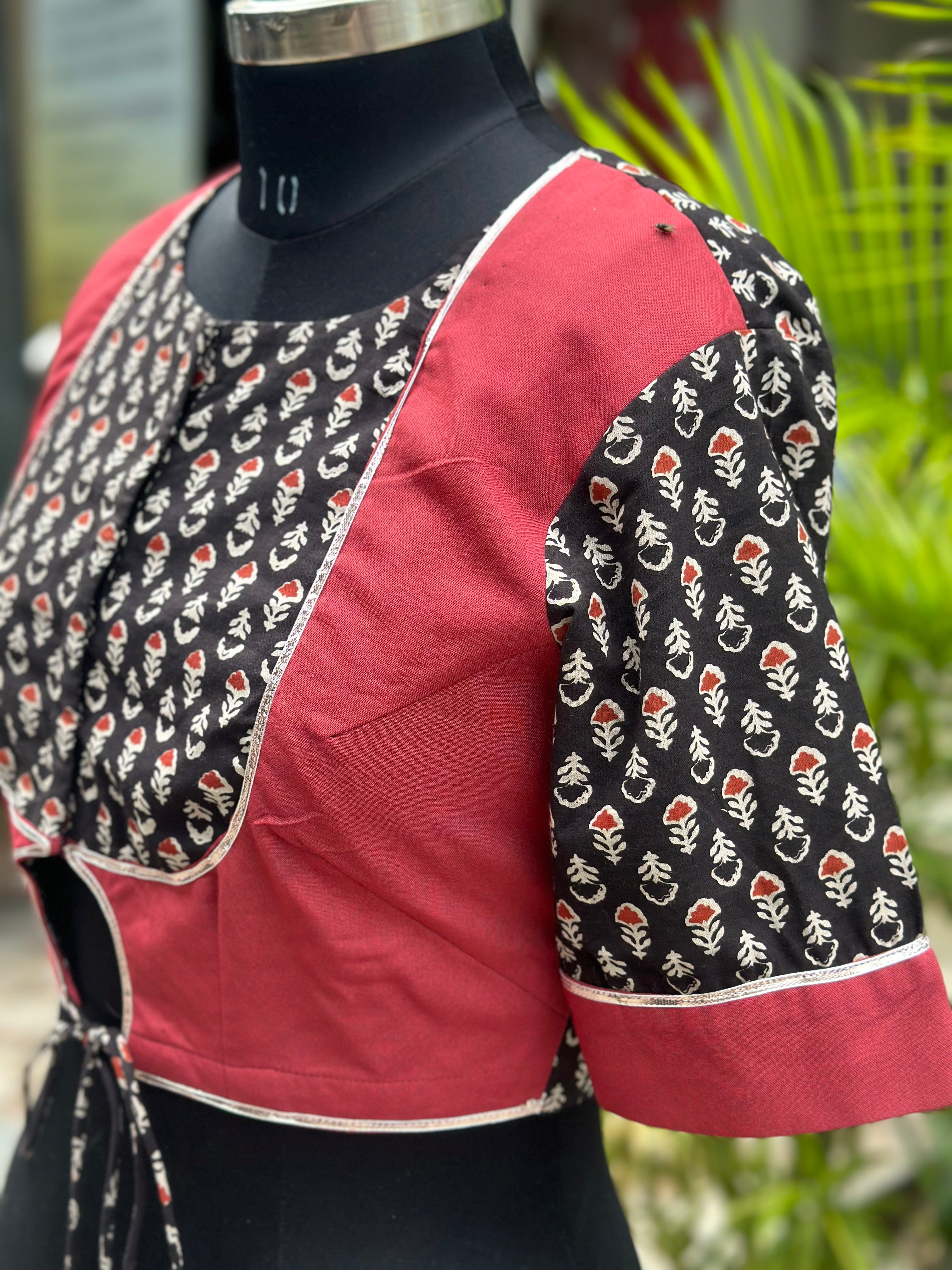 Black & Red Handblock print cotton blouse with Gota work