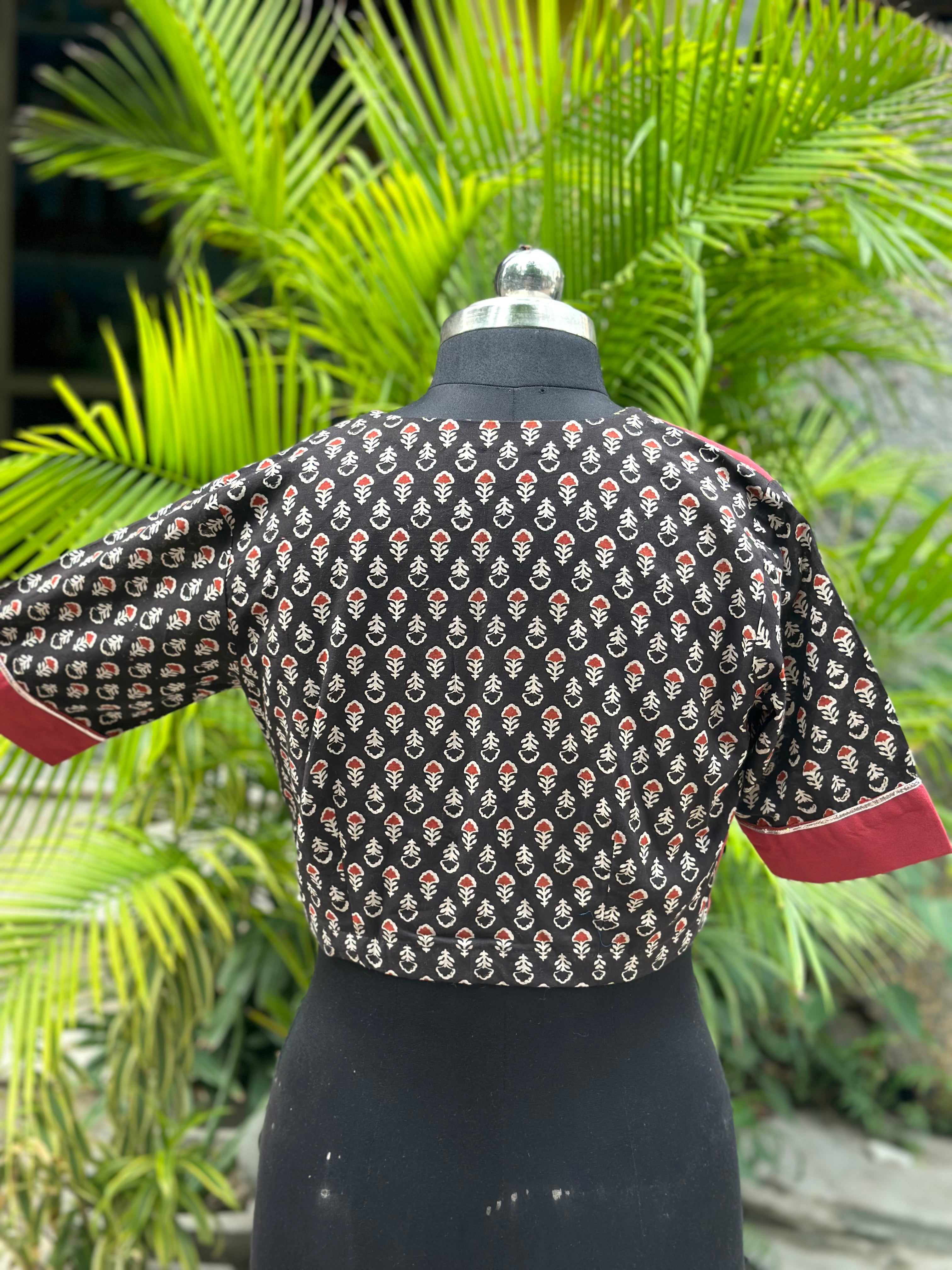 Black & Red Handblock print cotton blouse with Gota work