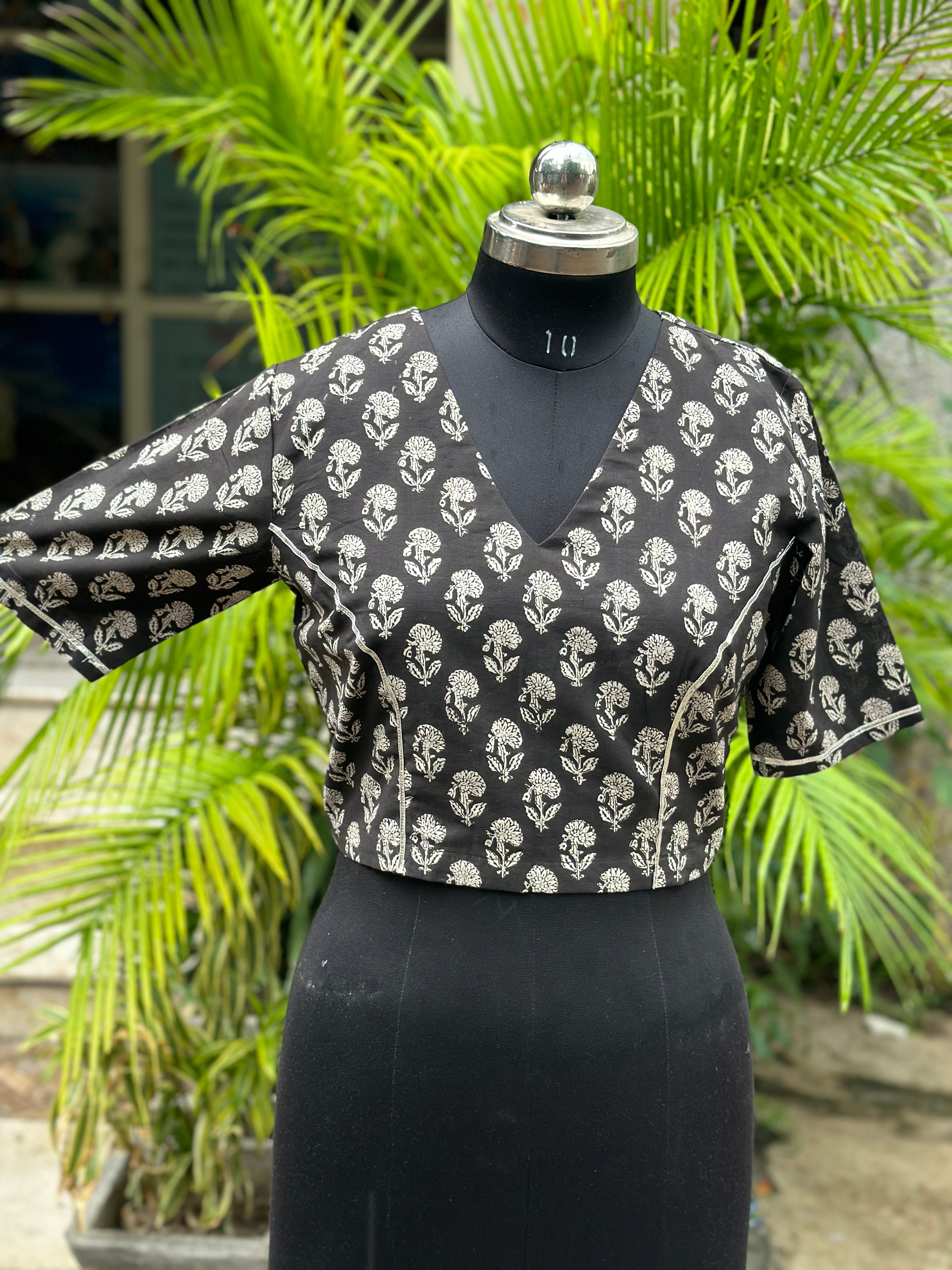 Black bagru Handblock Pritnt V-neck cotton blouse with Gota work