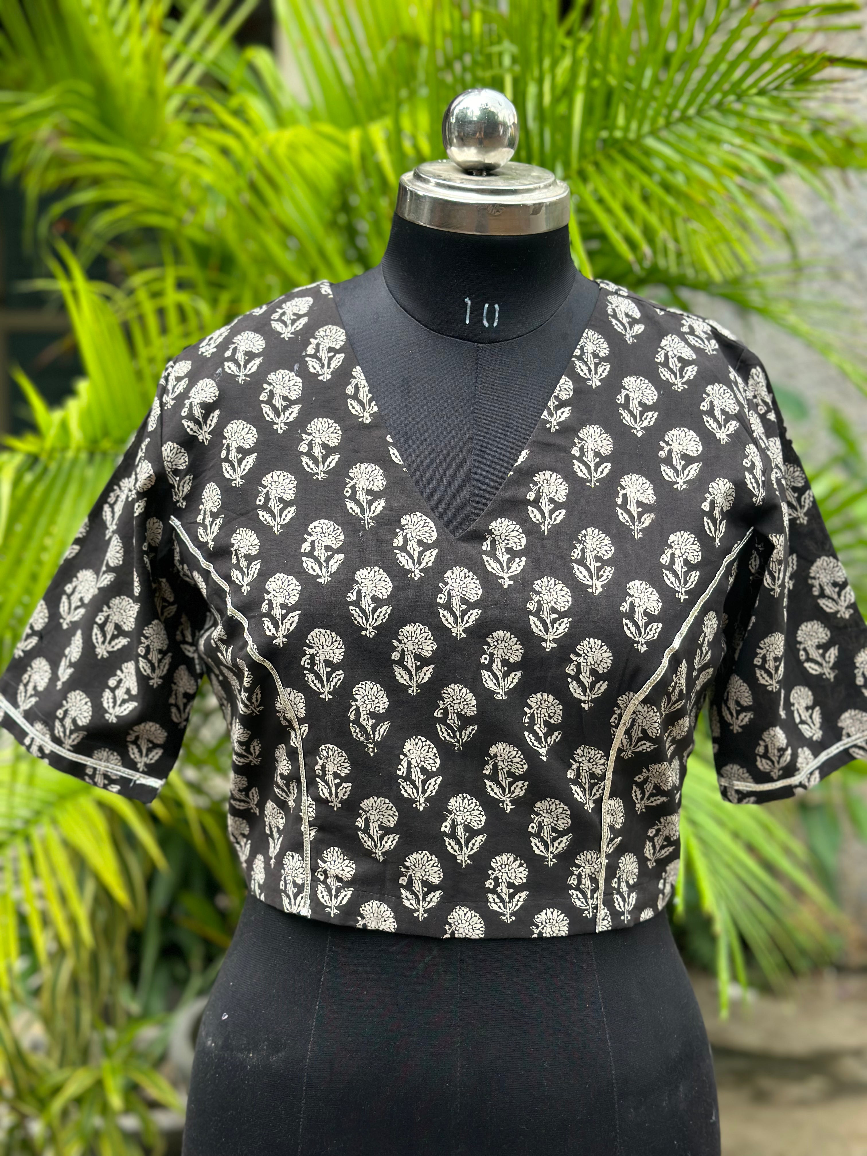 Black bagru Handblock Pritnt V-neck cotton blouse with Gota work