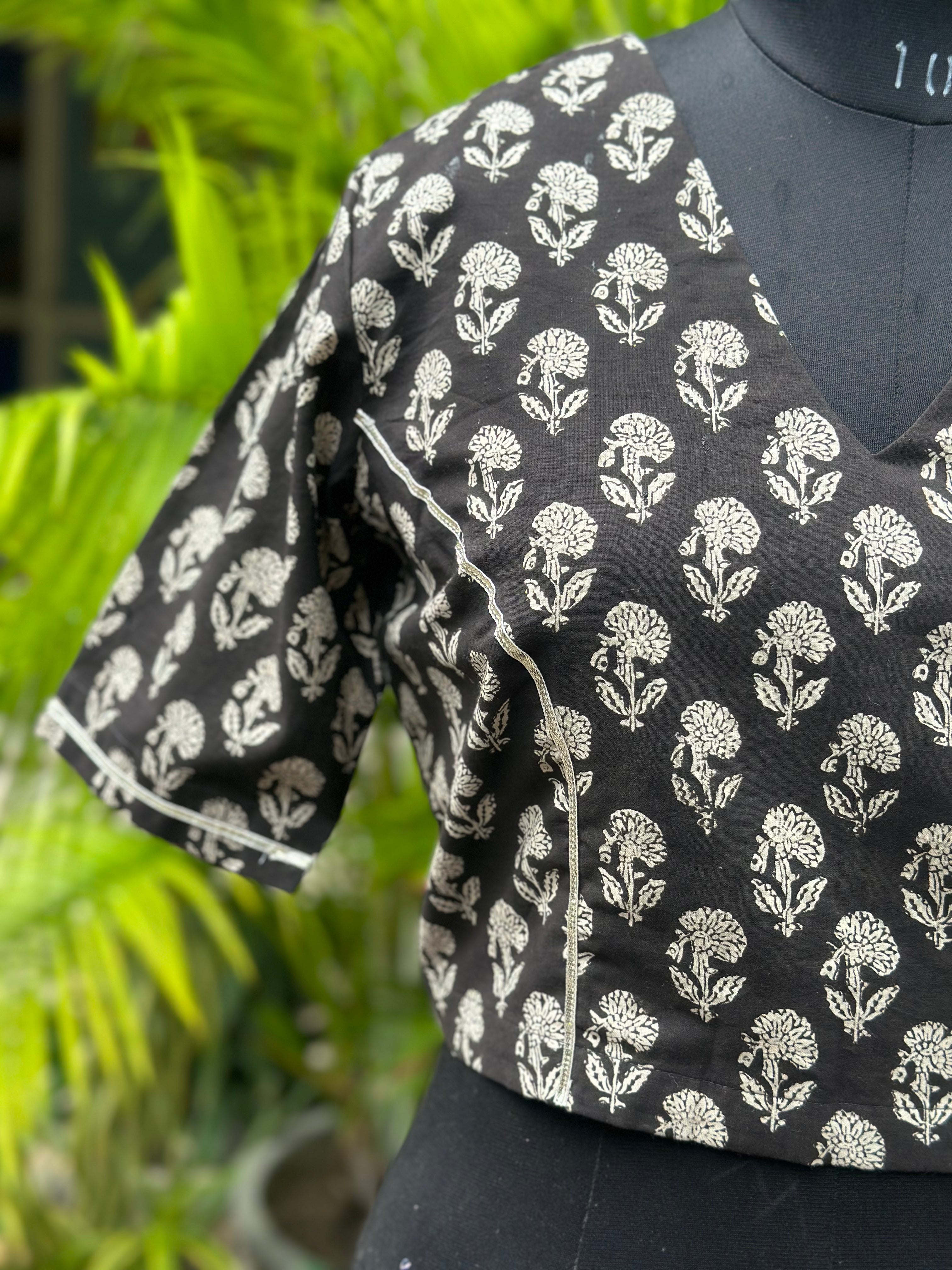 Black bagru Handblock Pritnt V-neck cotton blouse with Gota work