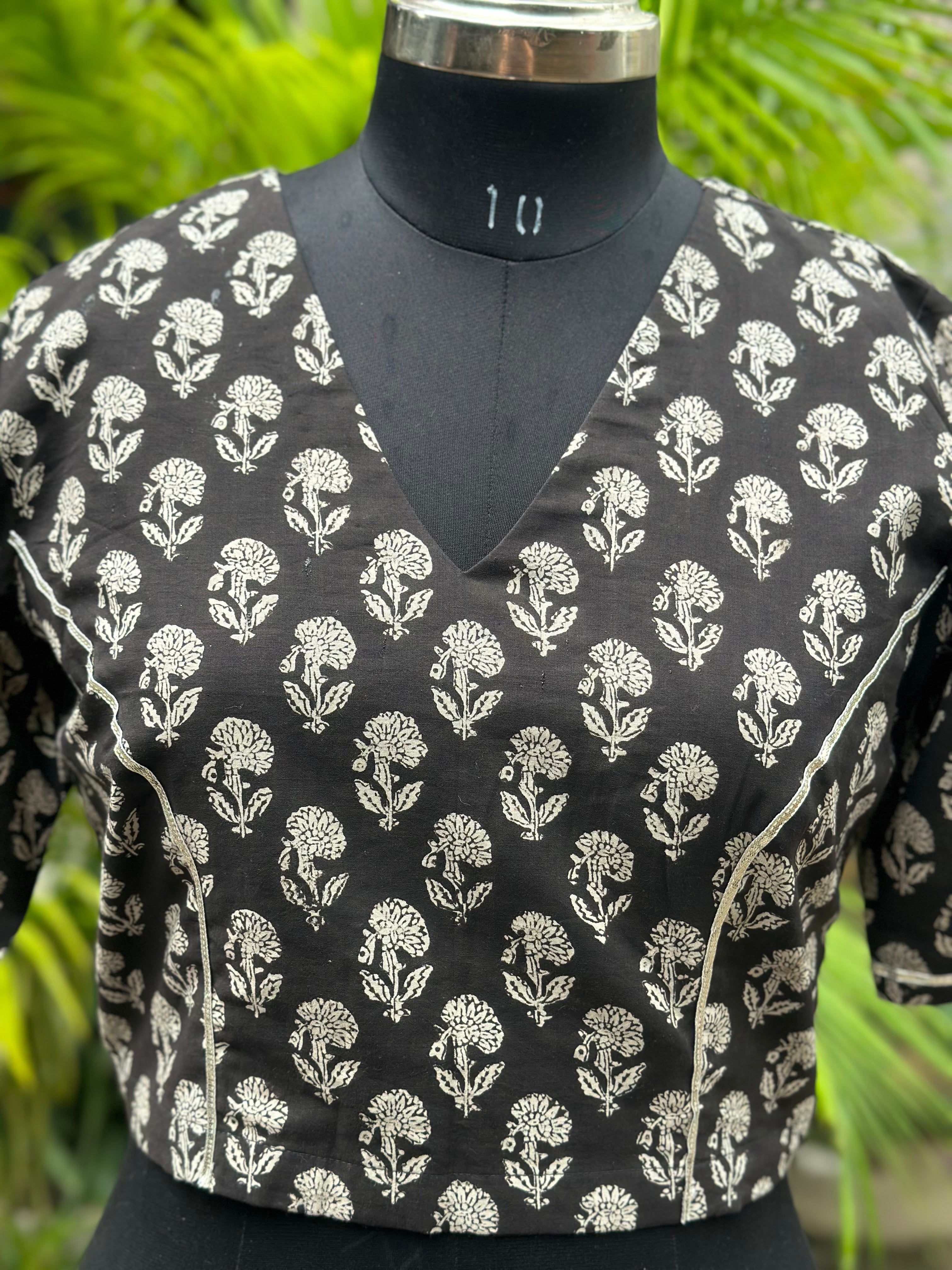 Black bagru Handblock Pritnt V-neck cotton blouse with Gota work