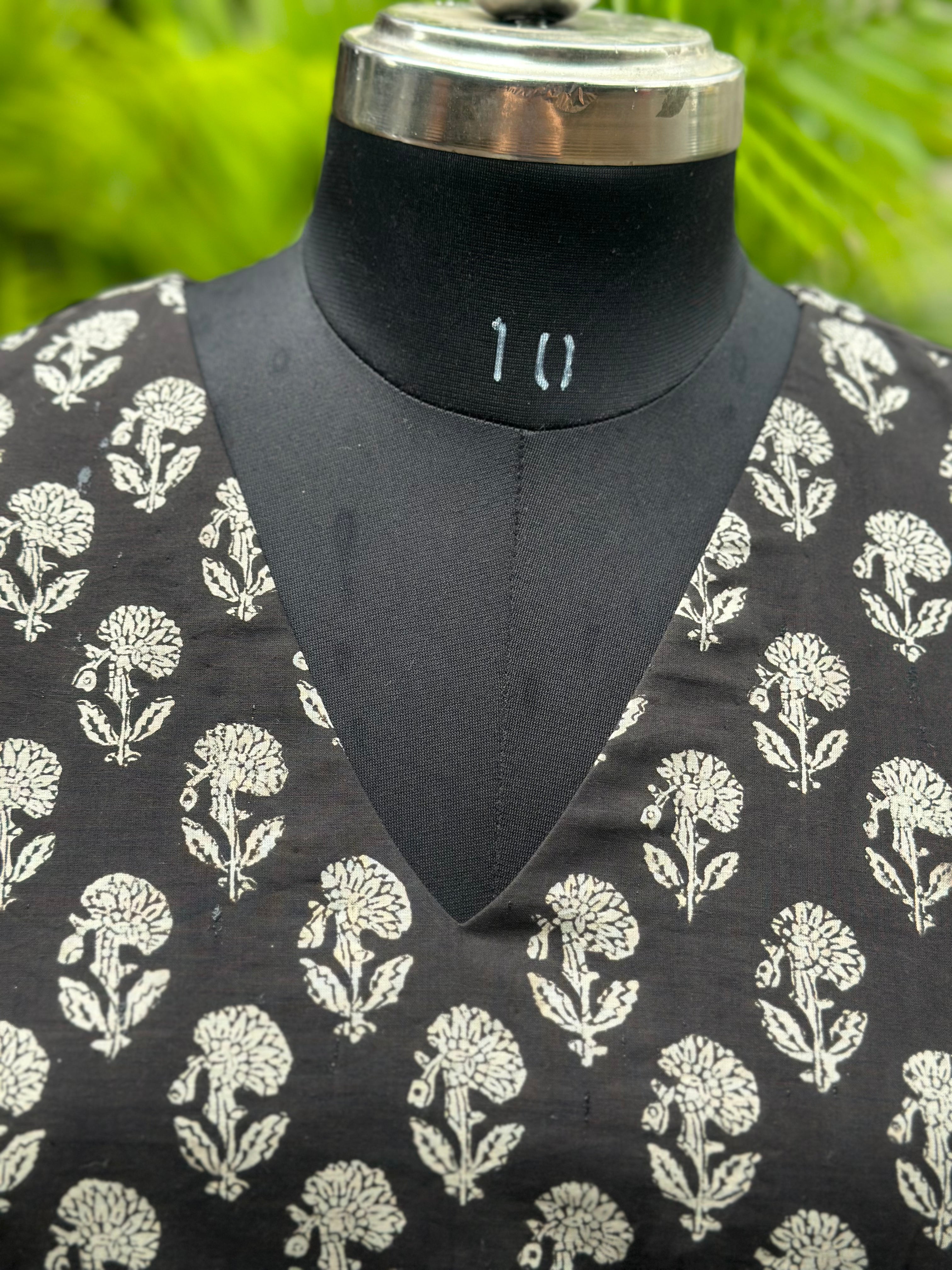 Black bagru Handblock Pritnt V-neck cotton blouse with Gota work