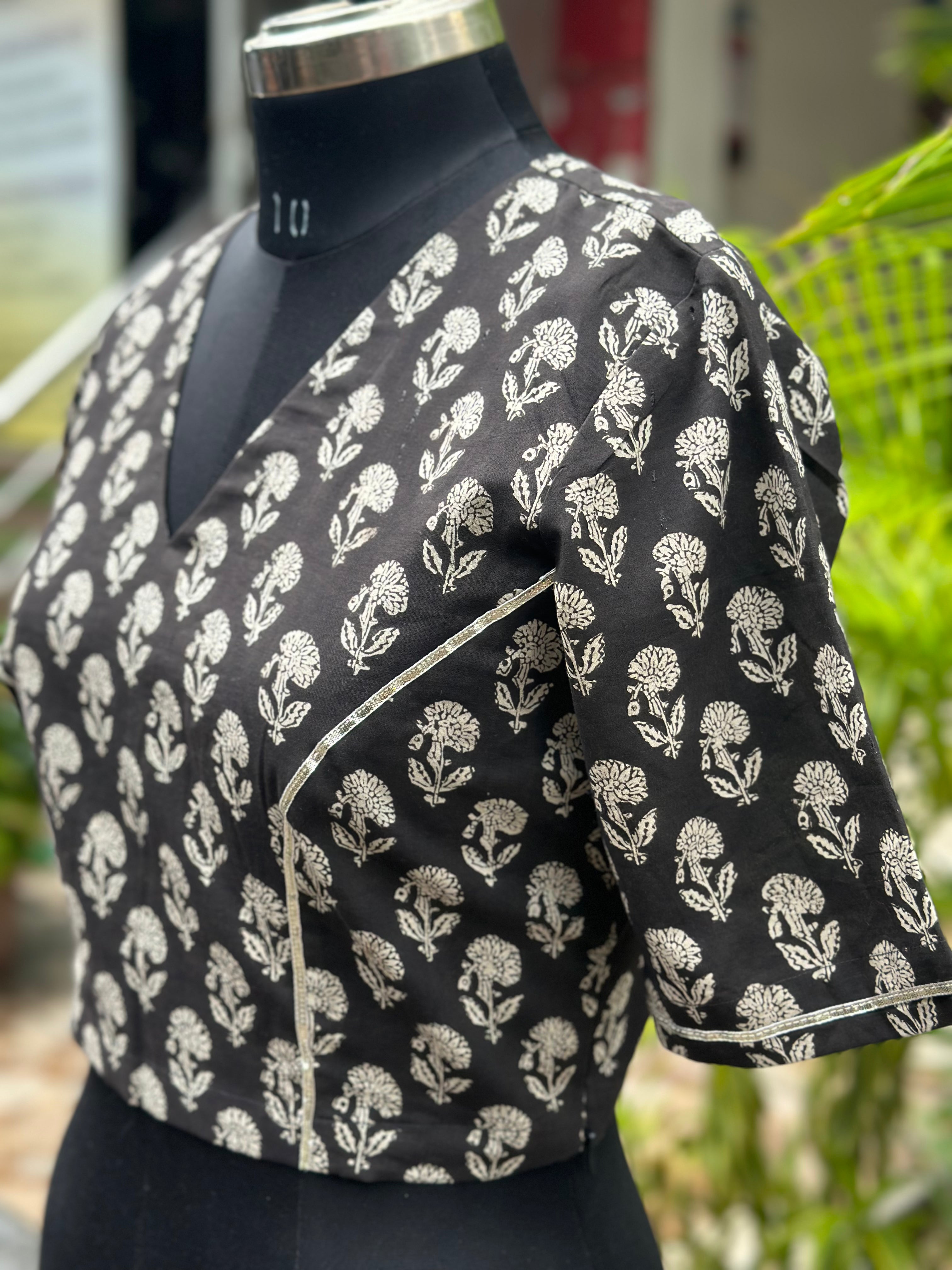 Black bagru Handblock Pritnt V-neck cotton blouse with Gota work