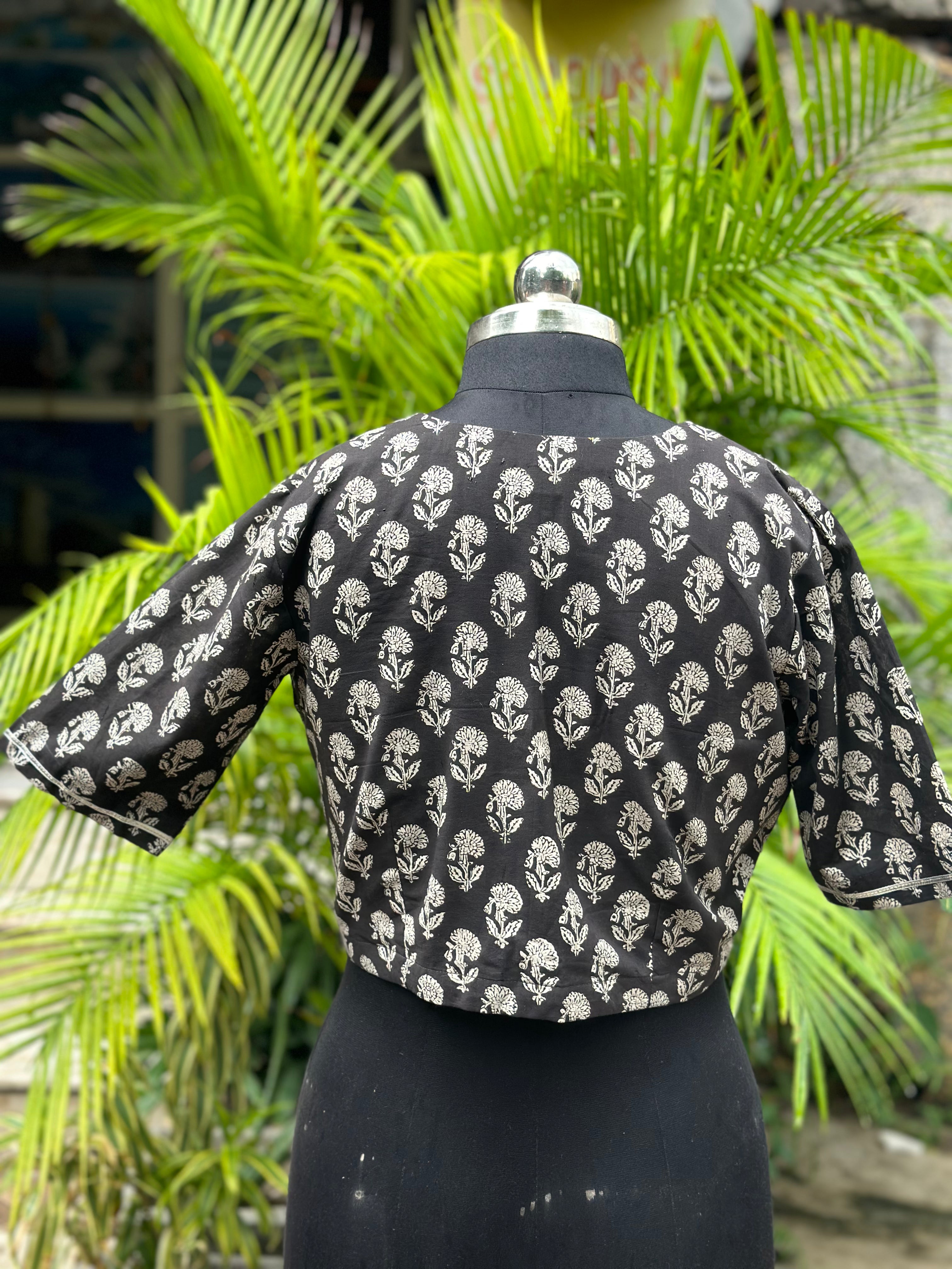 Black bagru Handblock Pritnt V-neck cotton blouse with Gota work