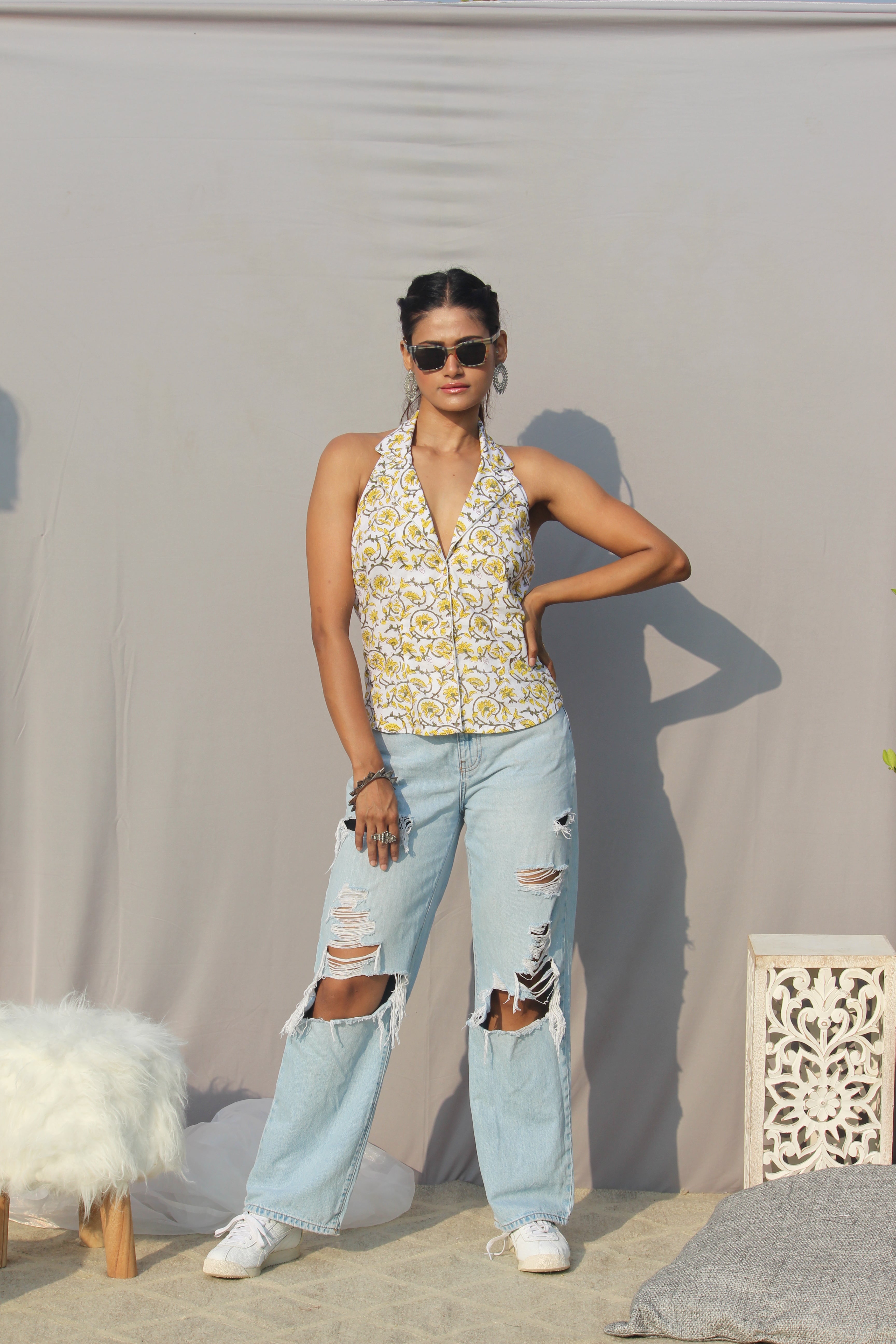Yellow Sanganeri Handblock Printed Halter Neck Backless Top