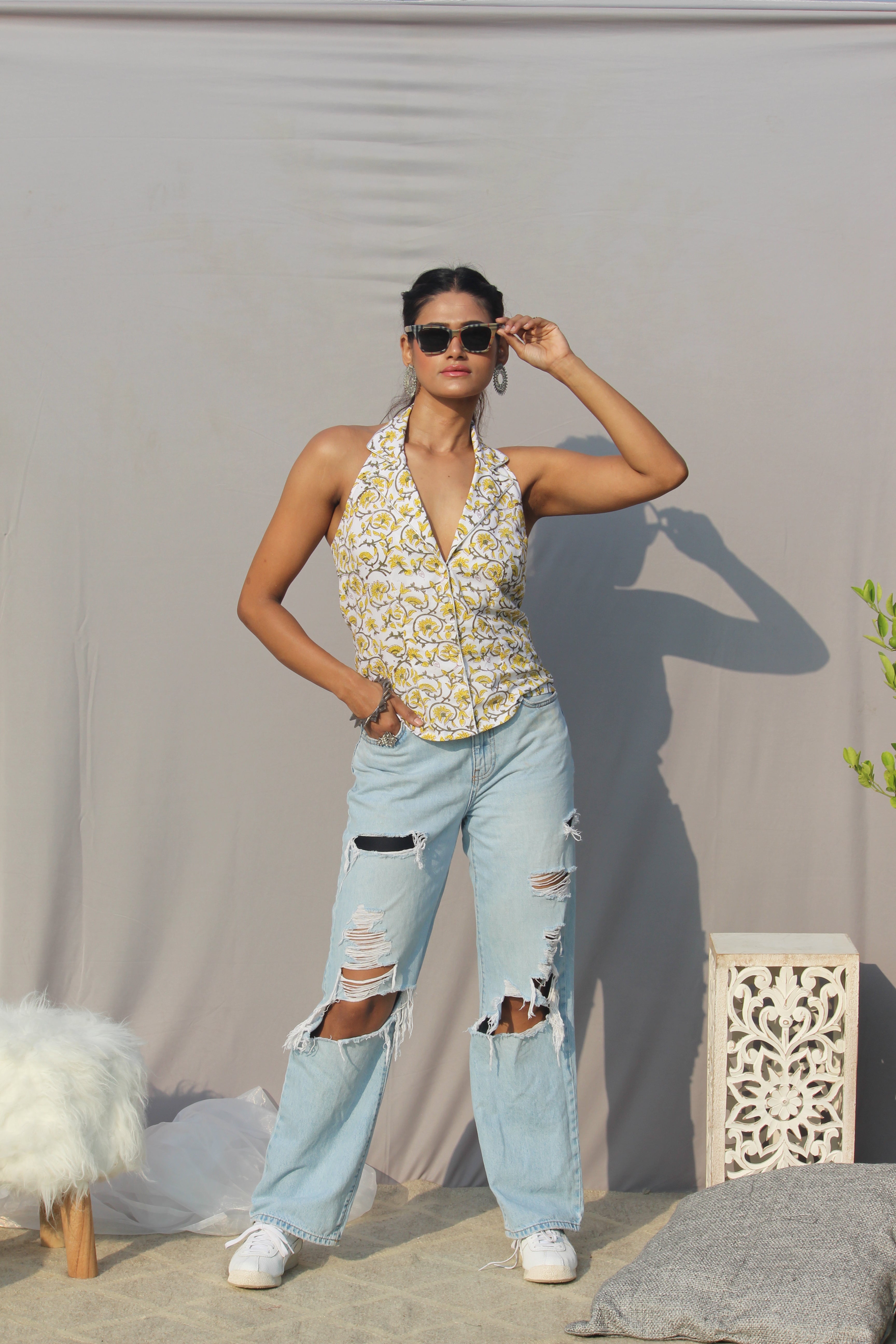 Yellow Sanganeri Handblock Printed Halter Neck Backless Top