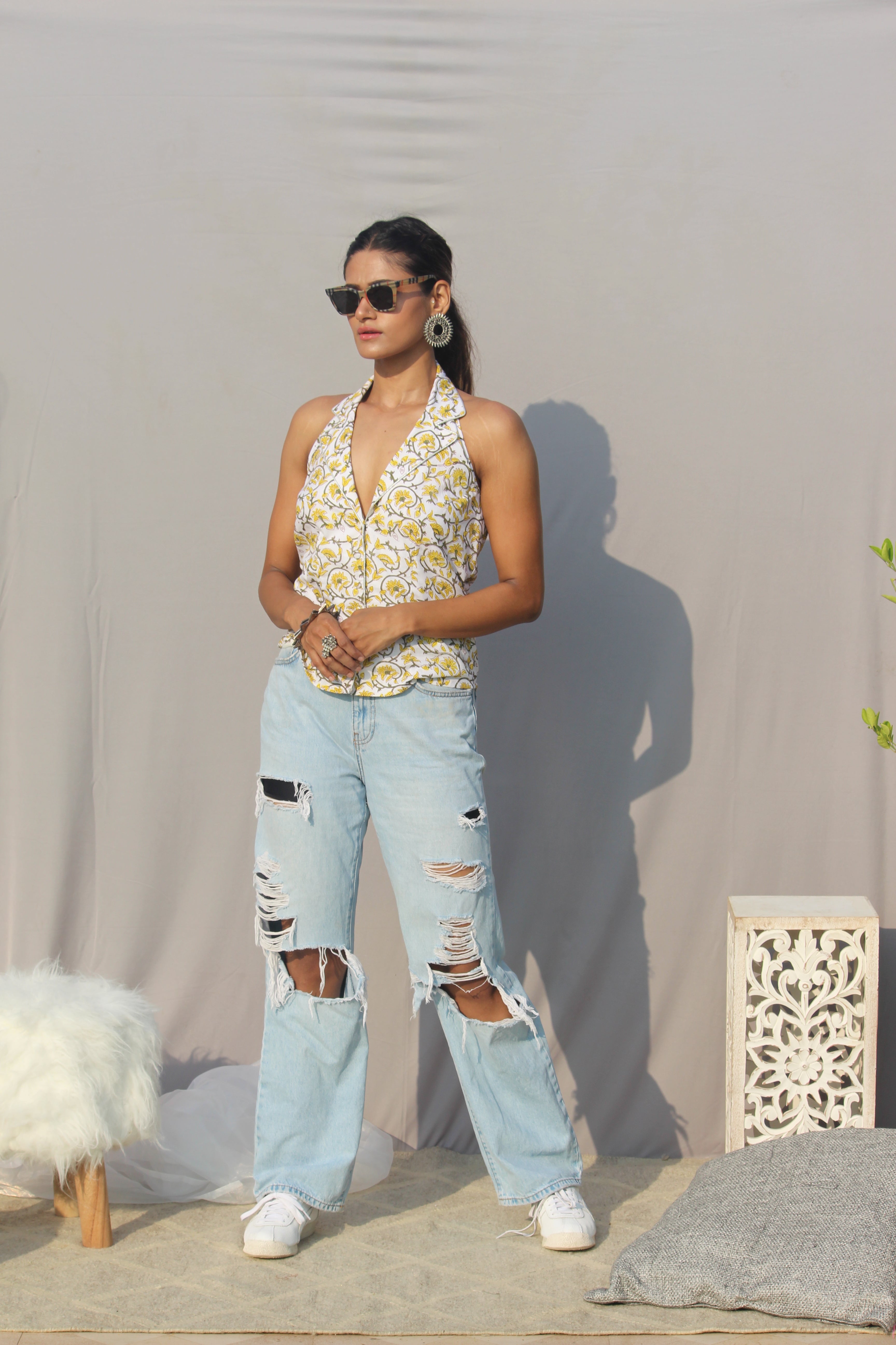 Yellow Sanganeri Handblock Printed Halter Neck Backless Top