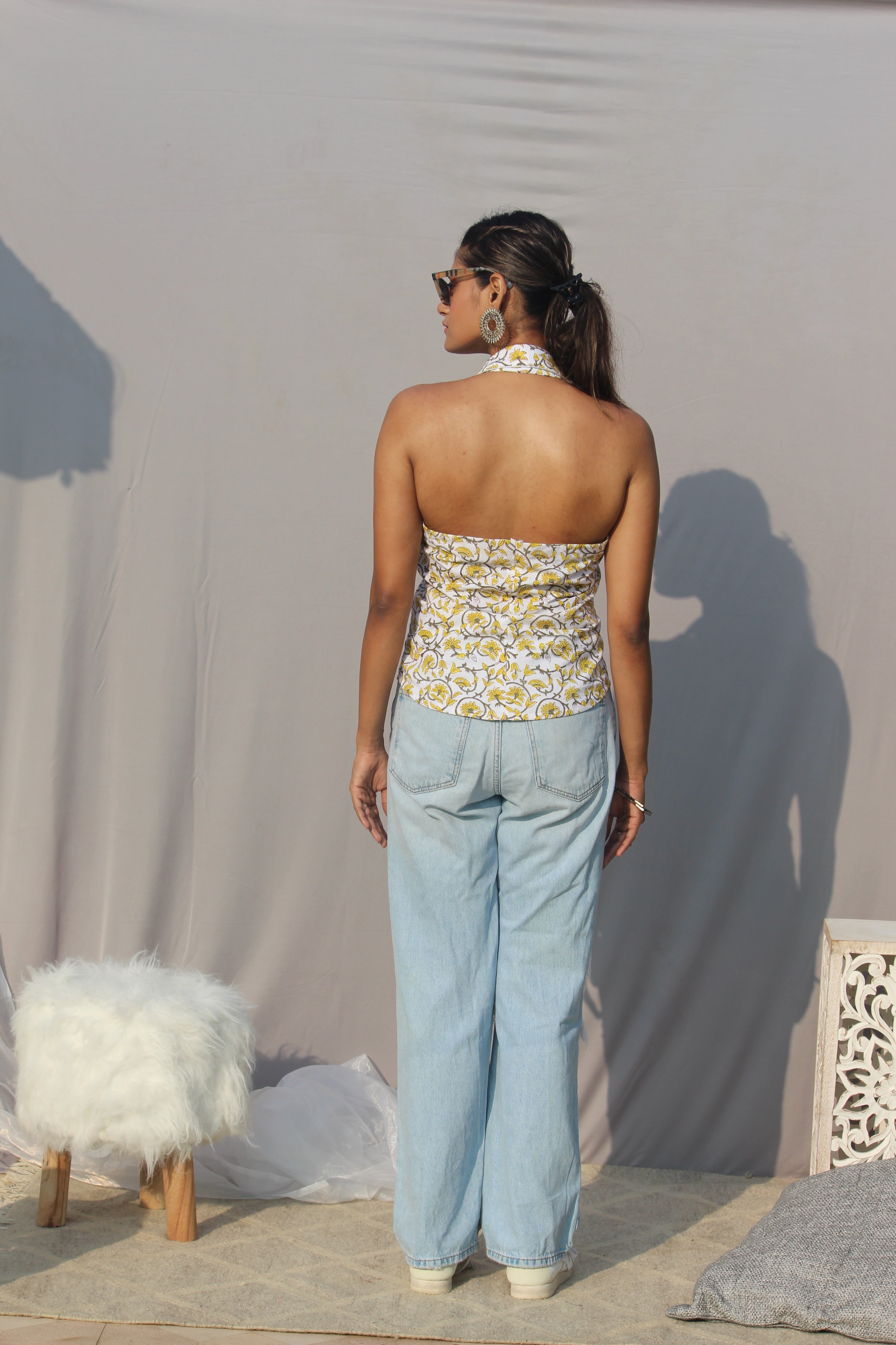 Yellow Sanganeri Handblock Printed Halter Neck Backless Top
