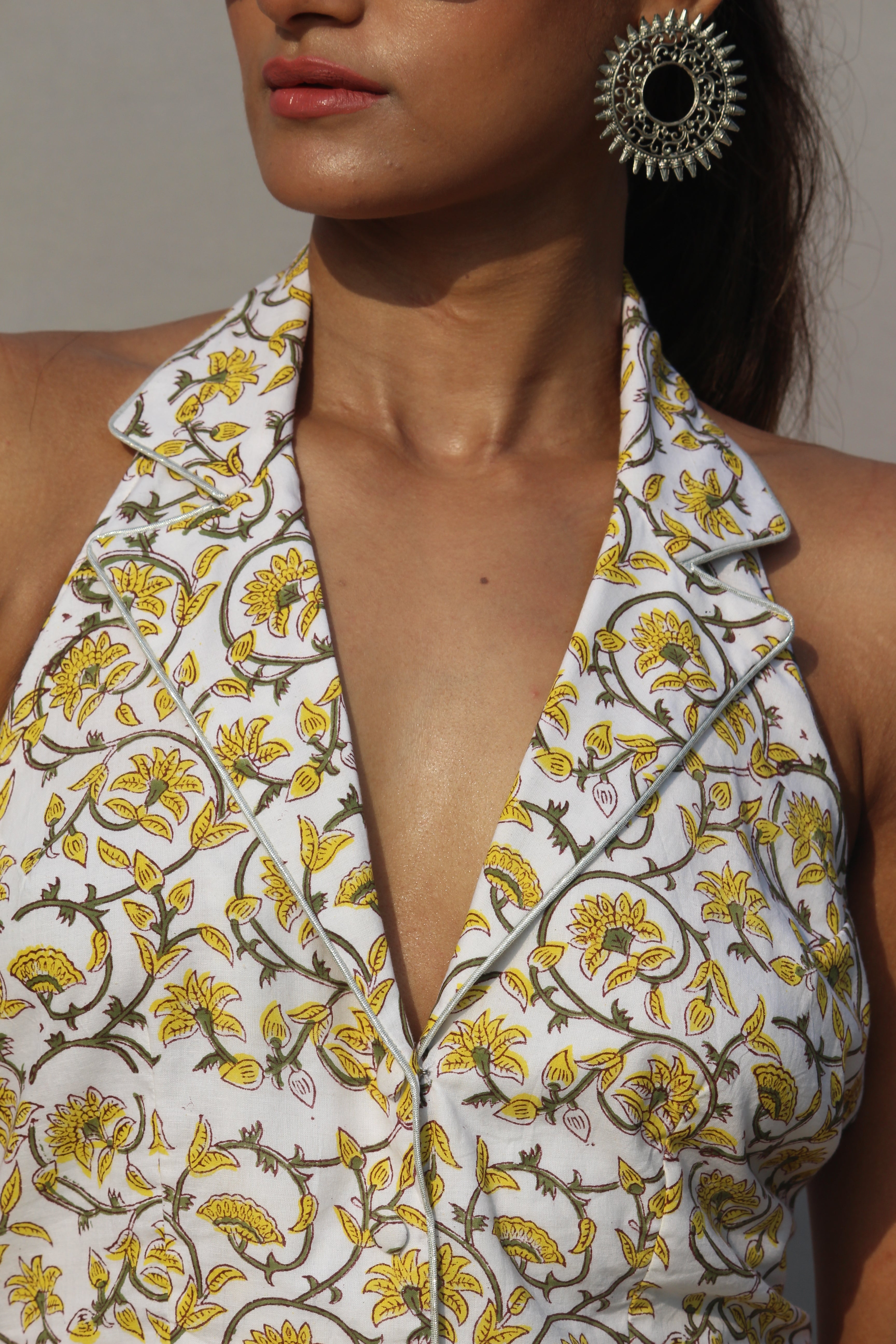 Yellow Sanganeri Handblock Printed Halter Neck Backless Top