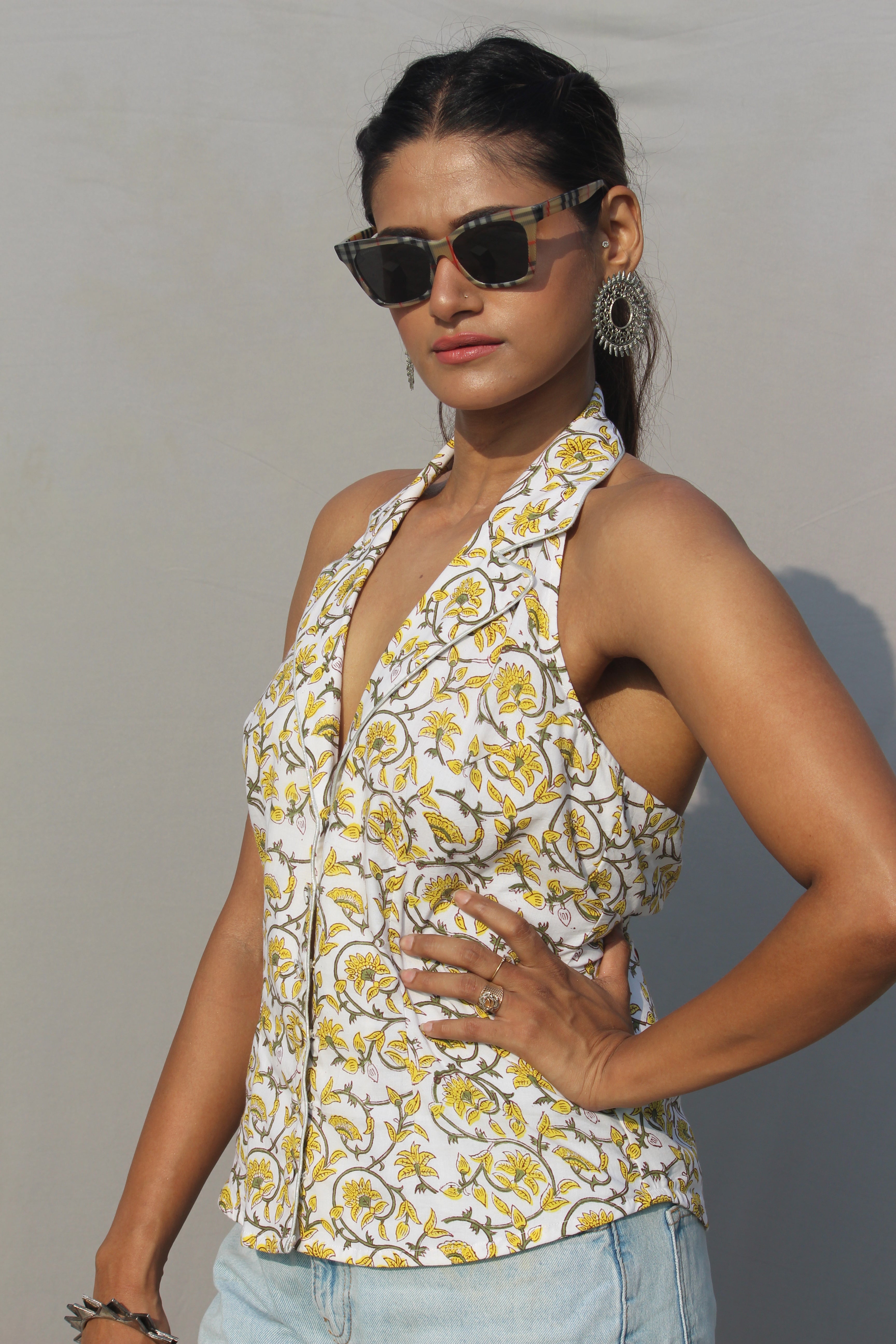 Yellow Sanganeri Handblock Printed Halter Neck Backless Top