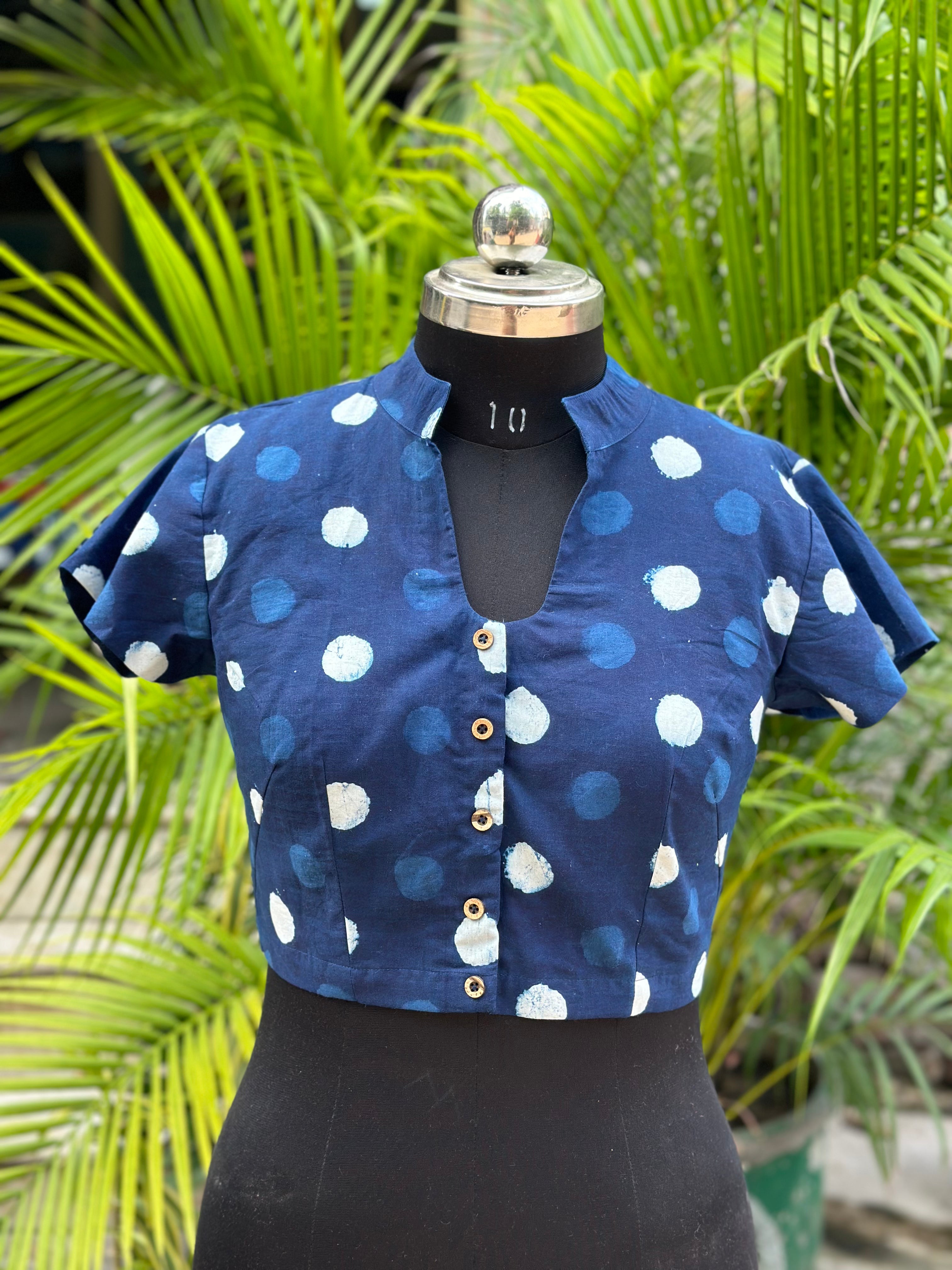 Indigo Handblock print polka dots blouse