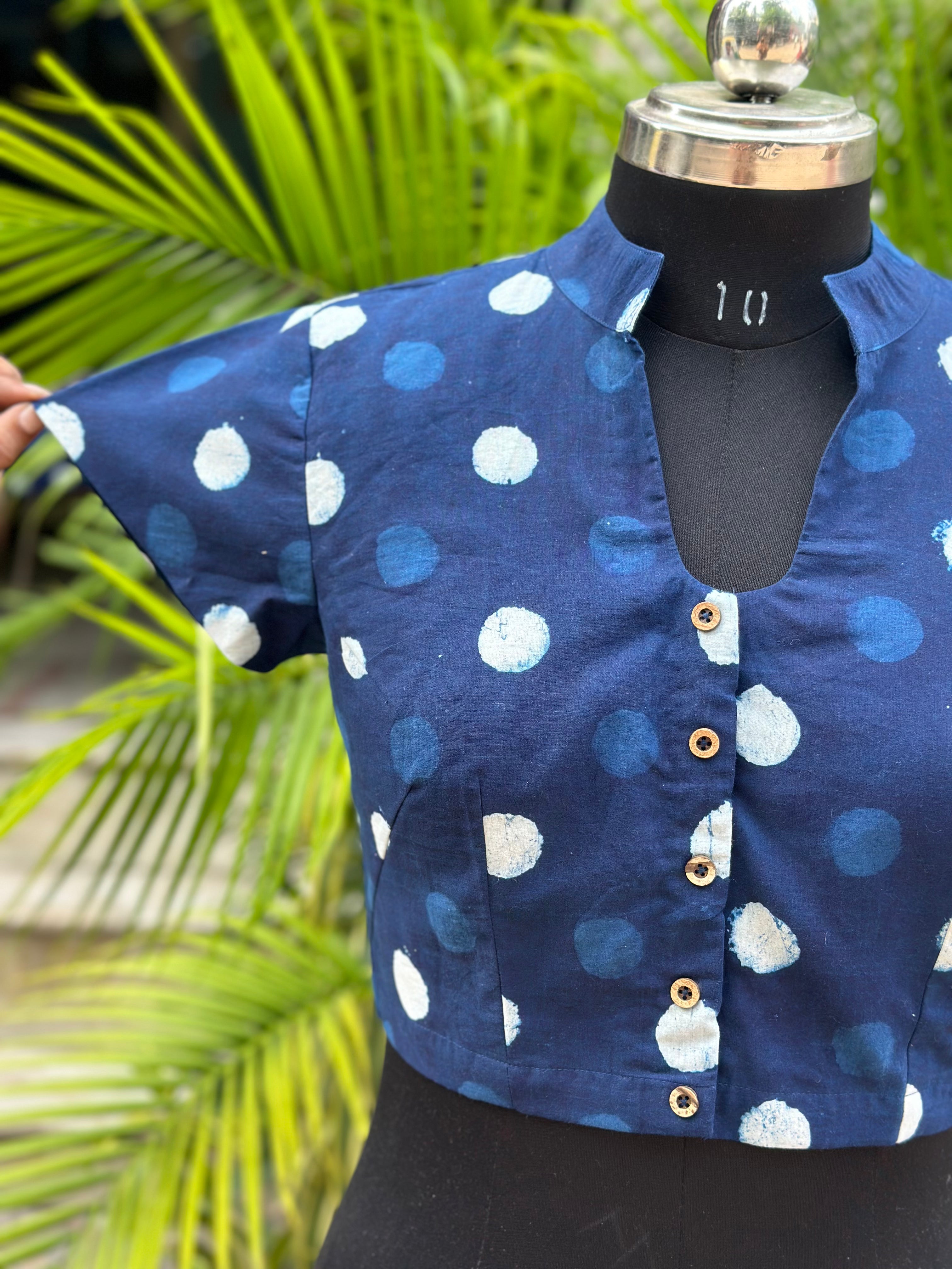 Indigo Handblock print polka dots blouse