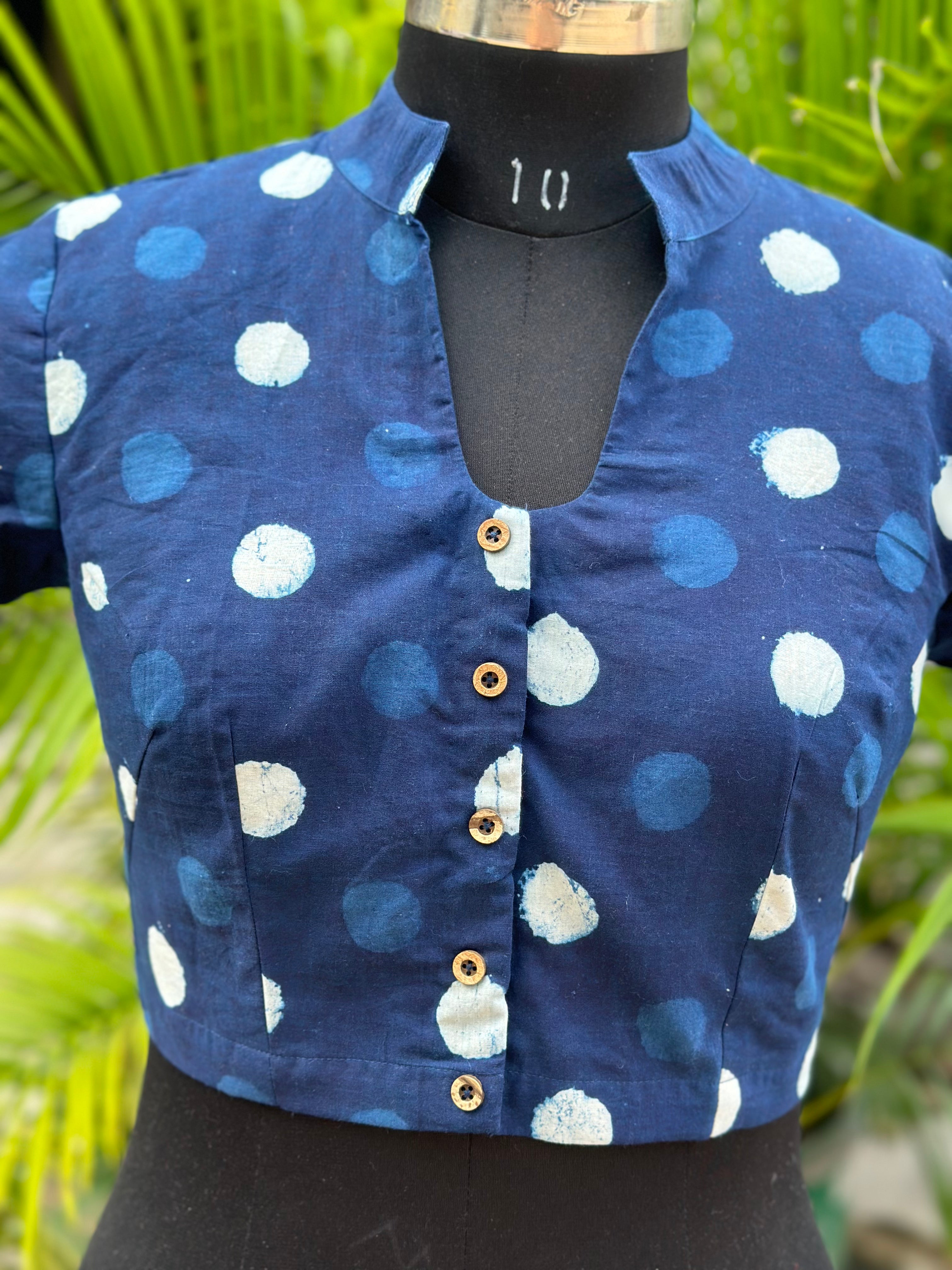 Indigo Handblock print polka dots blouse