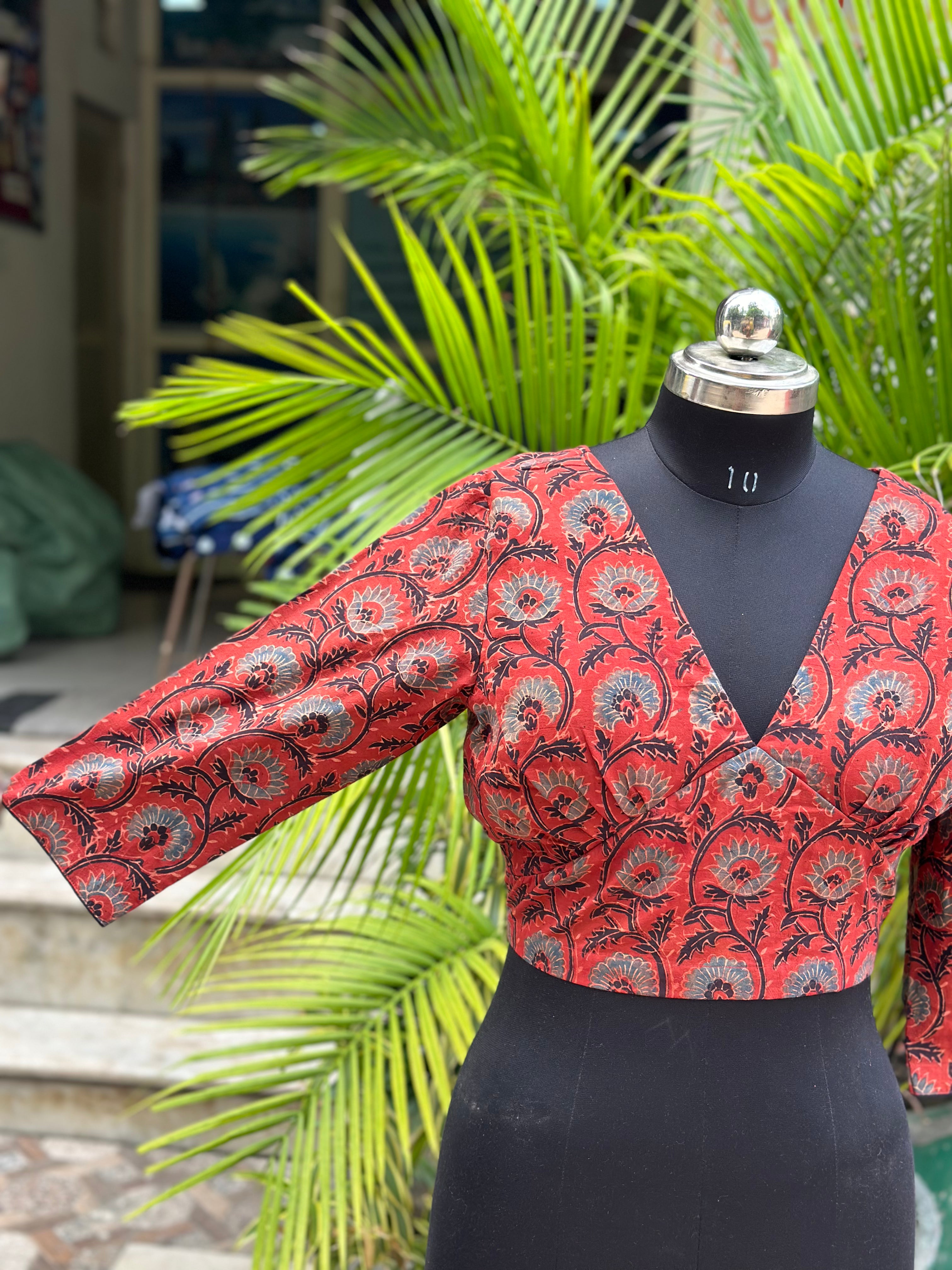 Red ajrakh handblock print cotton v-neck blouse with sleevs
