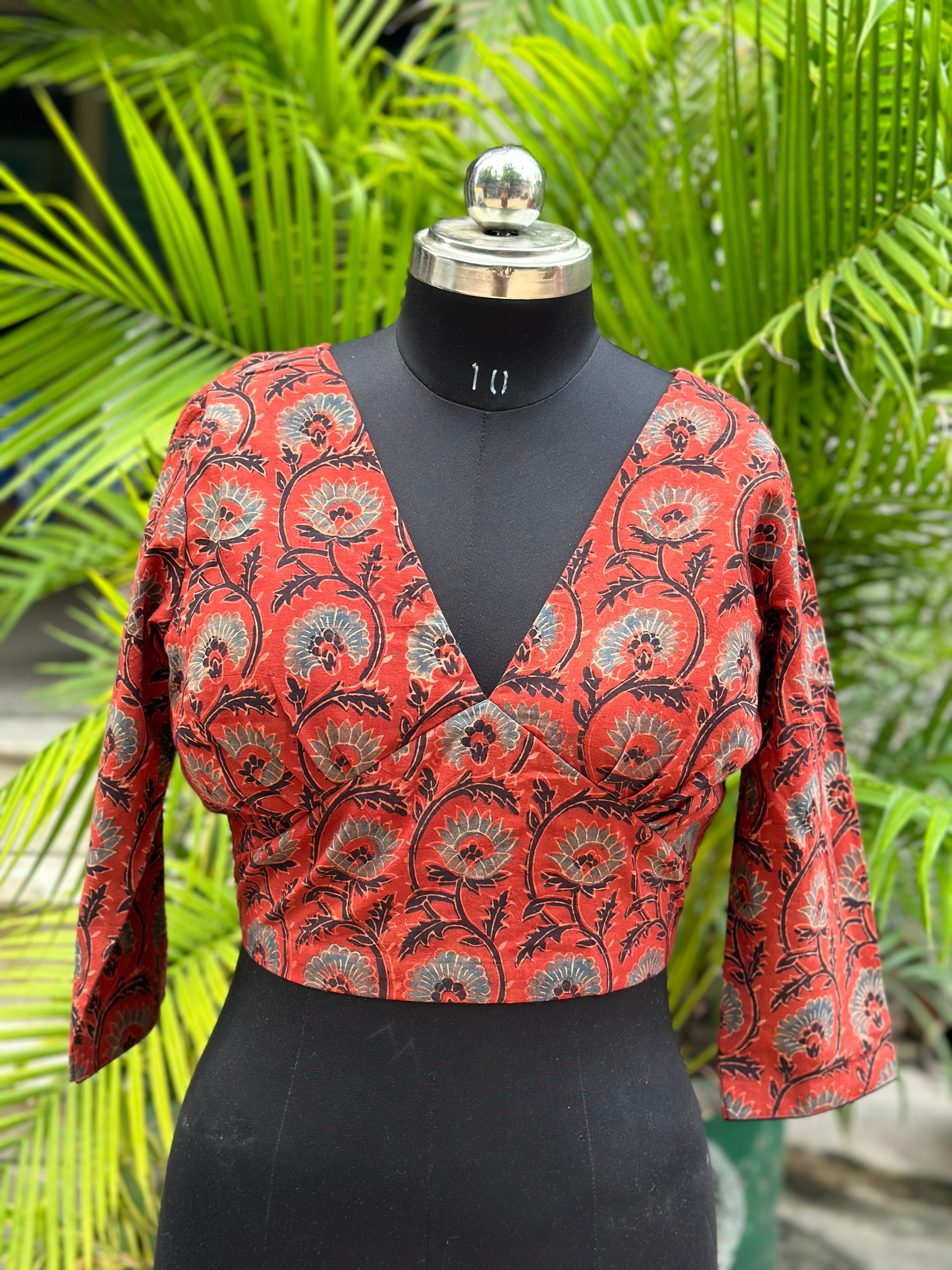Red ajrakh handblock print cotton v-neck blouse with sleevs