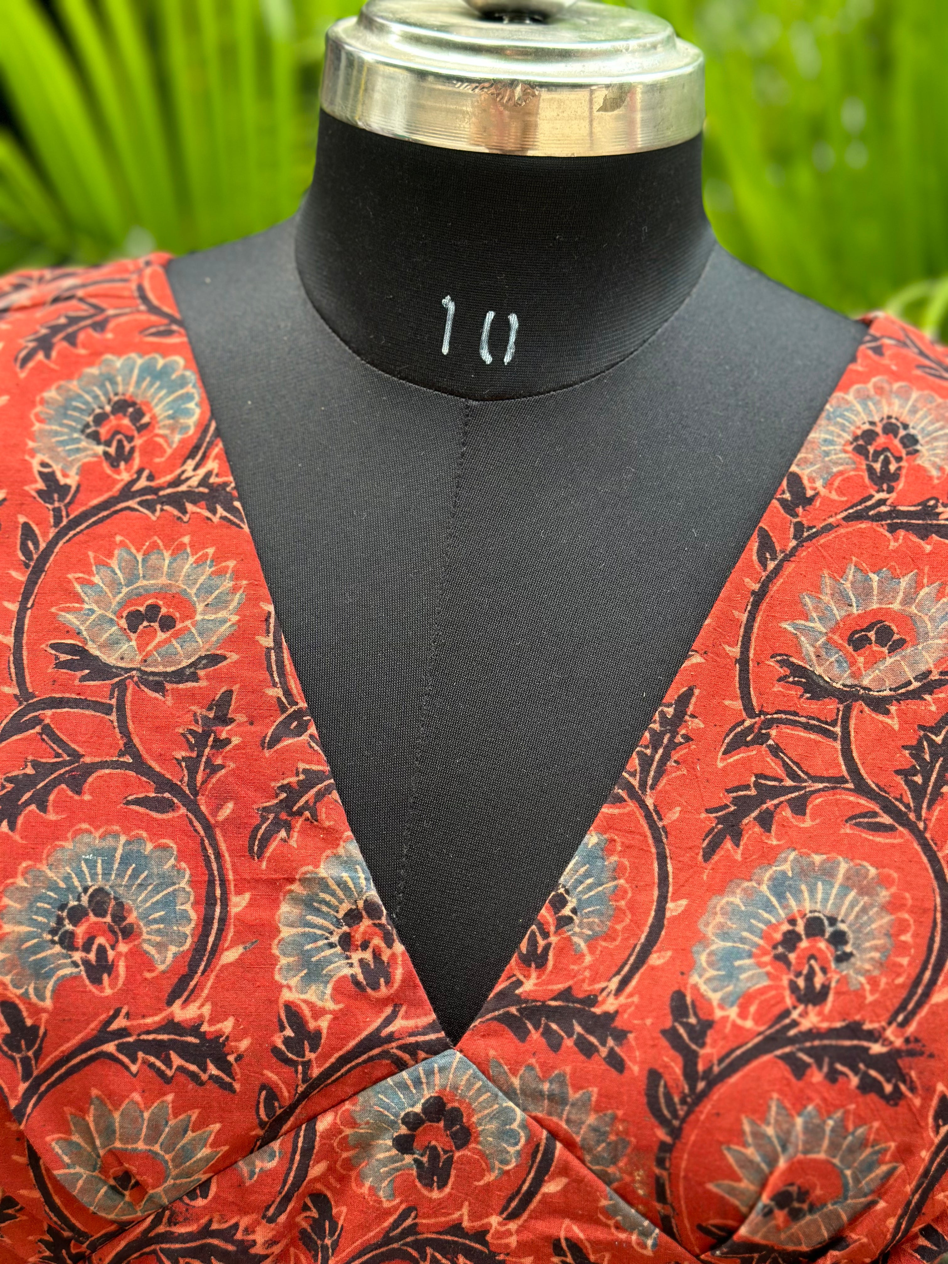 Red ajrakh handblock print cotton v-neck blouse with sleevs