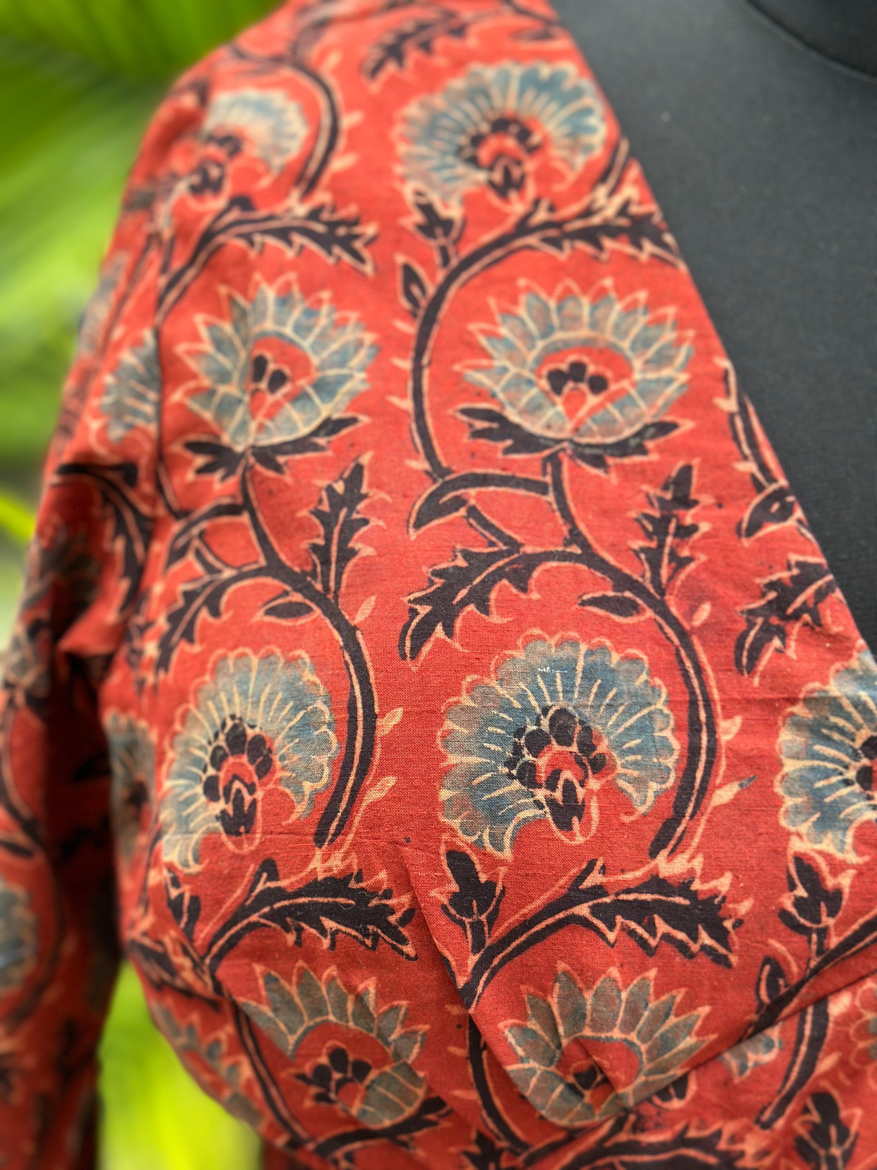 Red ajrakh handblock print cotton v-neck blouse with sleevs