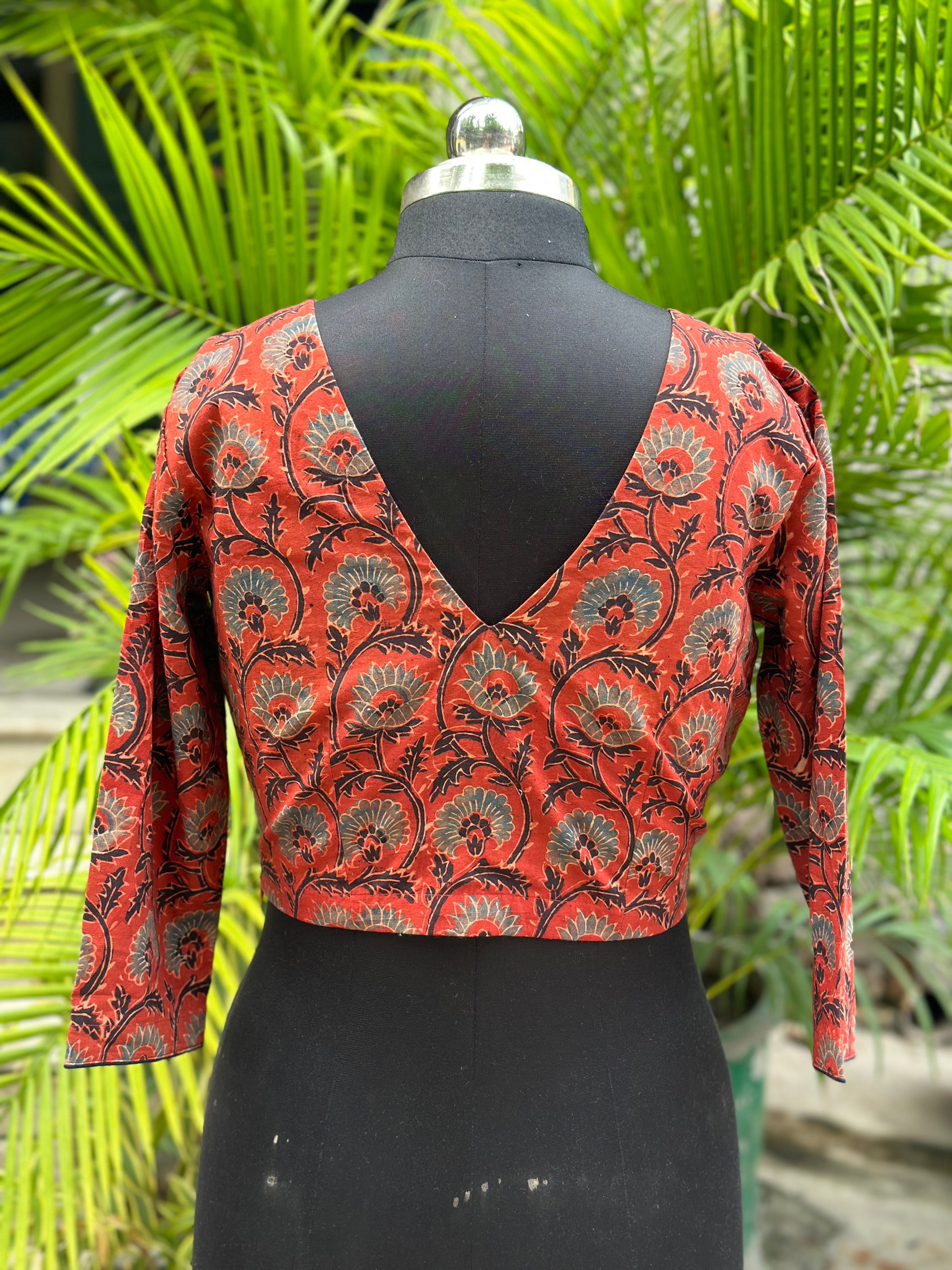 Red ajrakh handblock print cotton v-neck blouse with sleevs