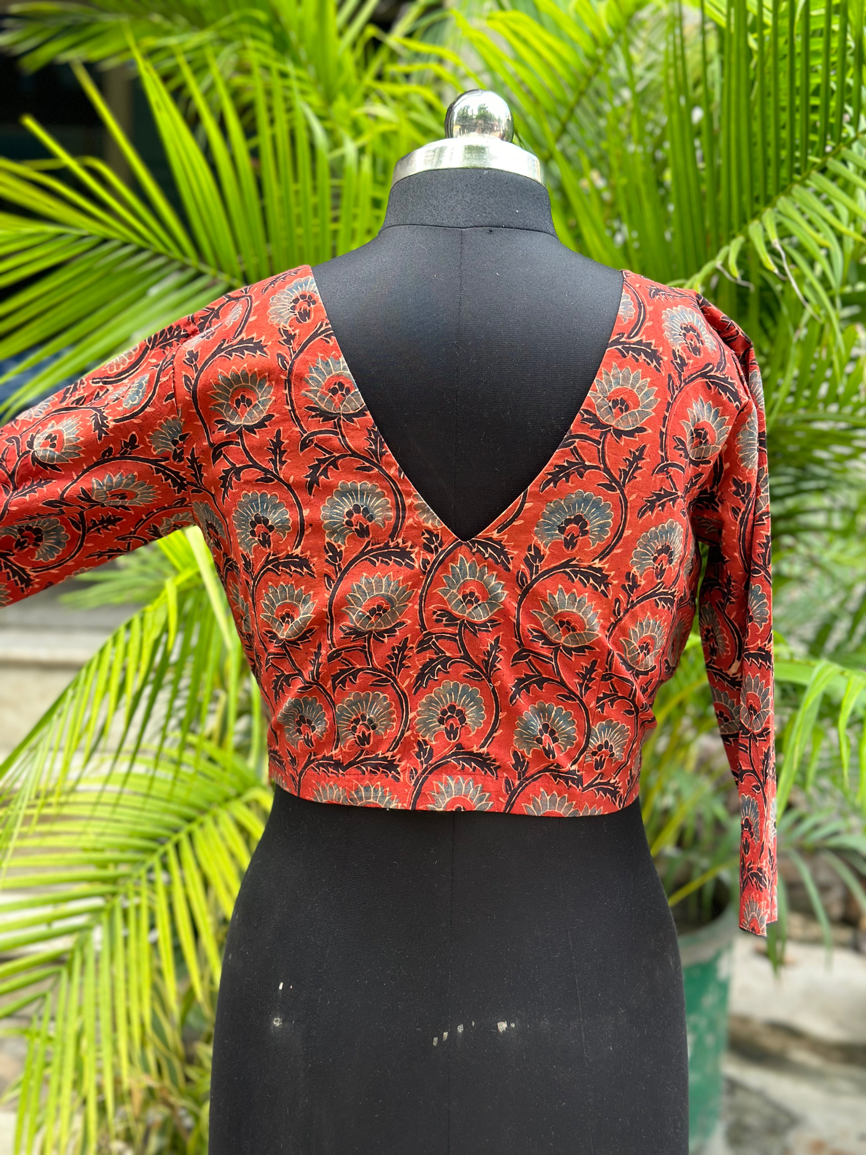 Red ajrakh handblock print cotton v-neck blouse with sleevs