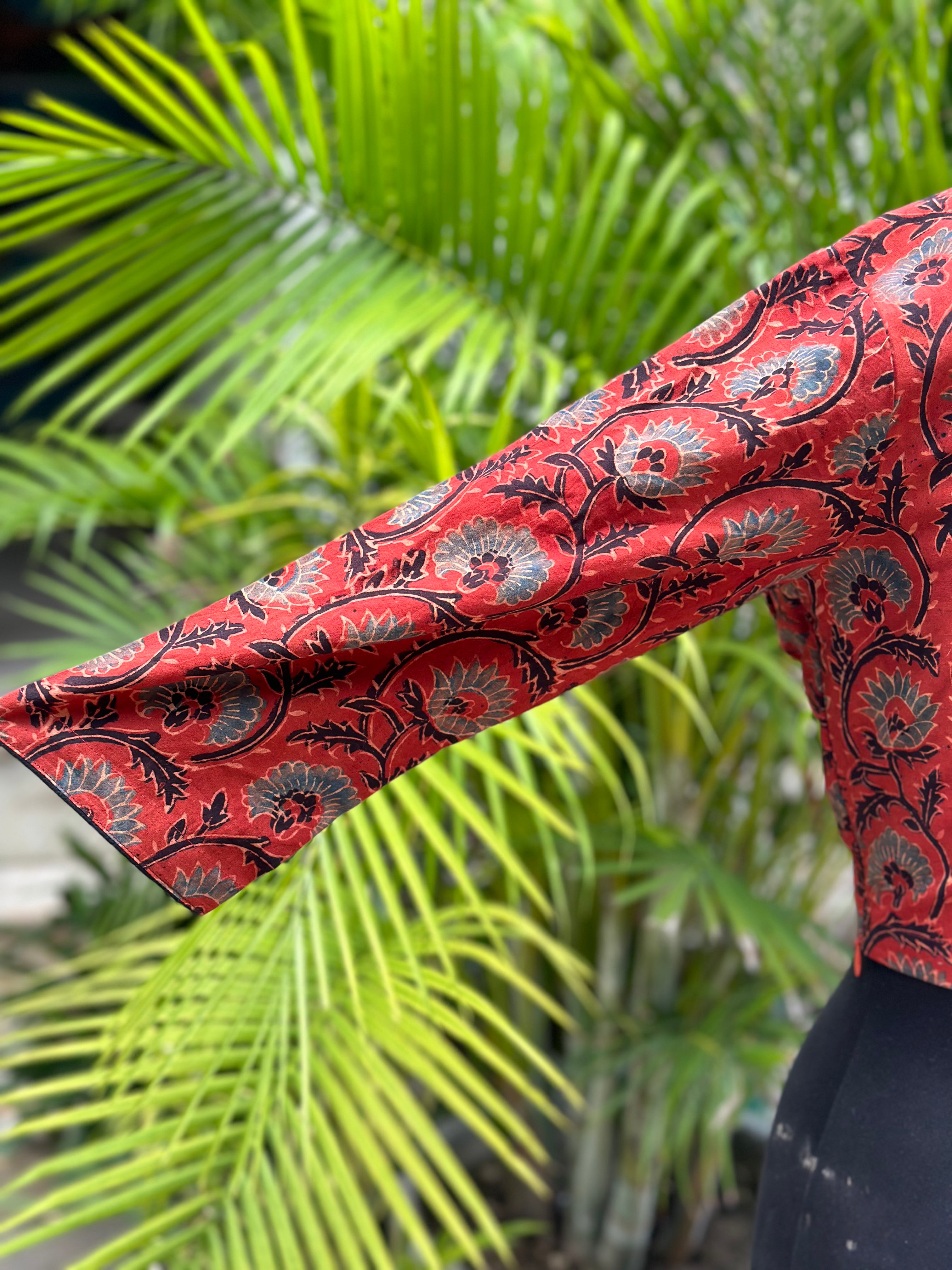 Red ajrakh handblock print cotton v-neck blouse with sleevs