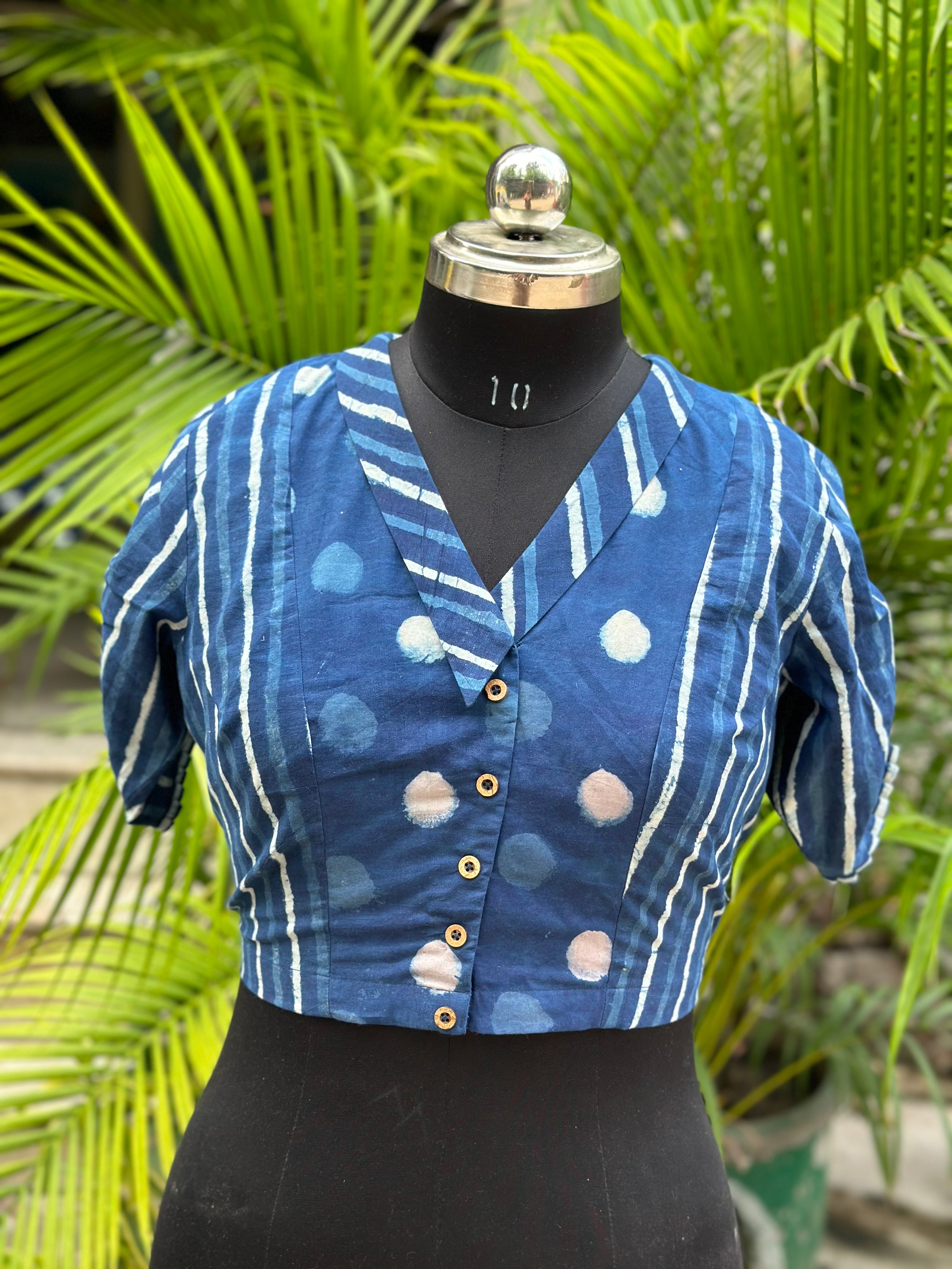 Indigo dabu handblock dual print cotton collared blouse with sleeves