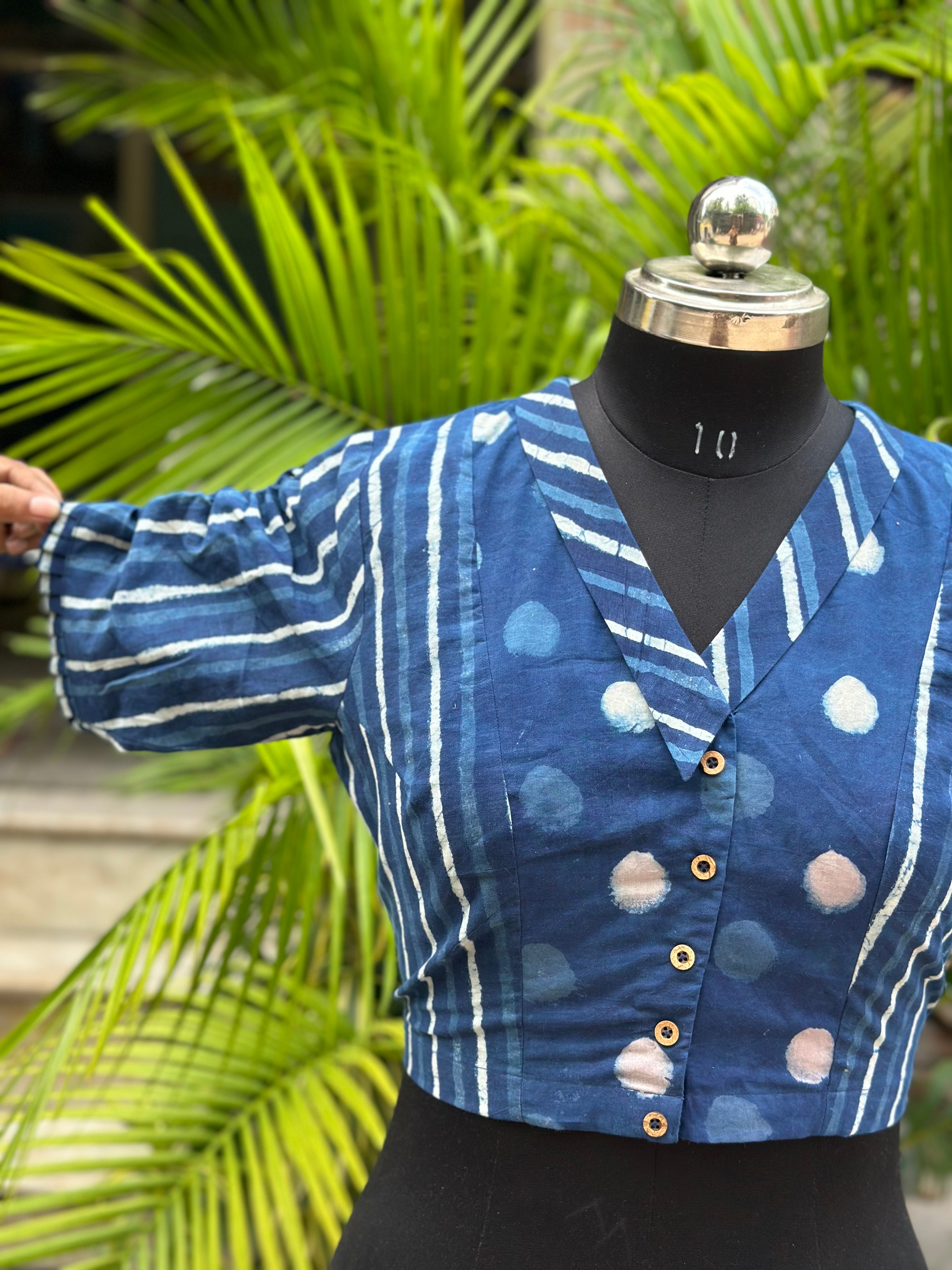 Indigo dabu handblock dual print cotton collared blouse with sleeves