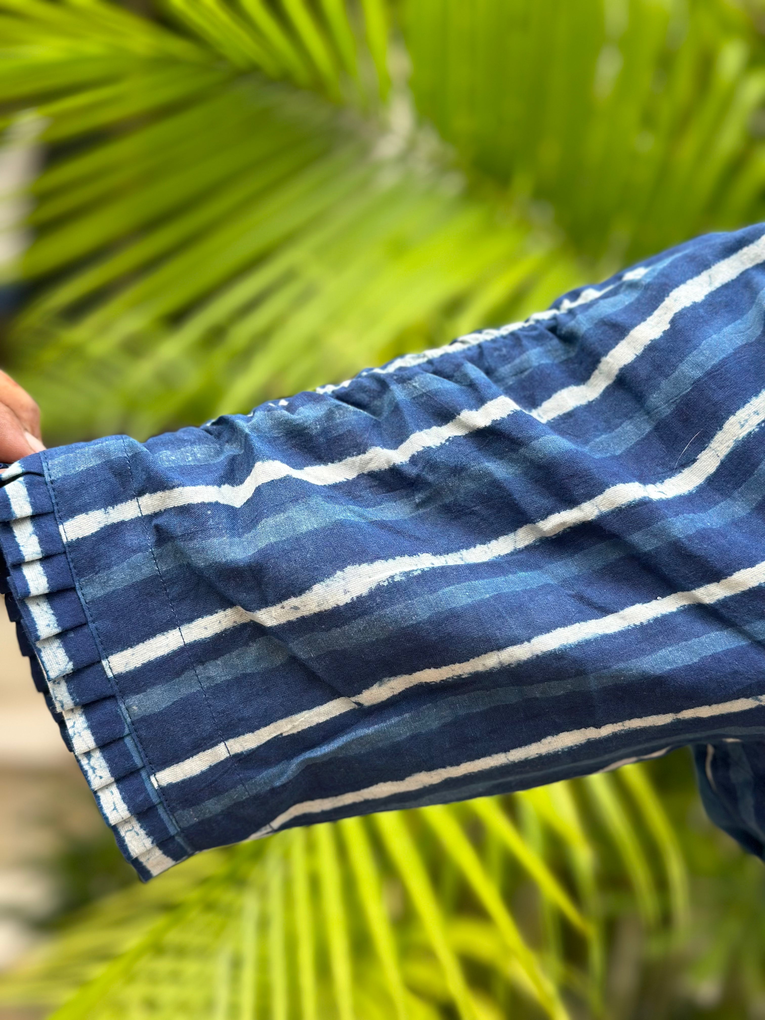 Indigo dabu handblock dual print cotton collared blouse with sleeves