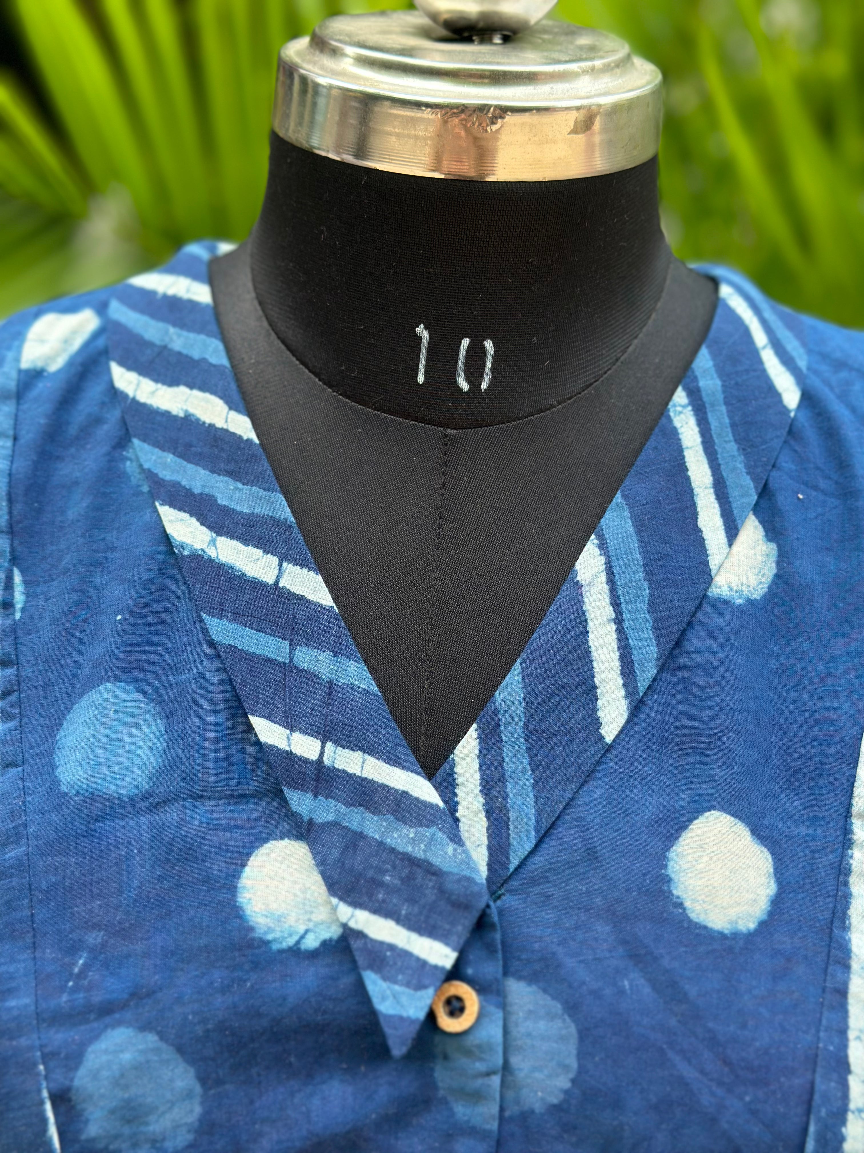 Indigo dabu handblock dual print cotton collared blouse with sleeves