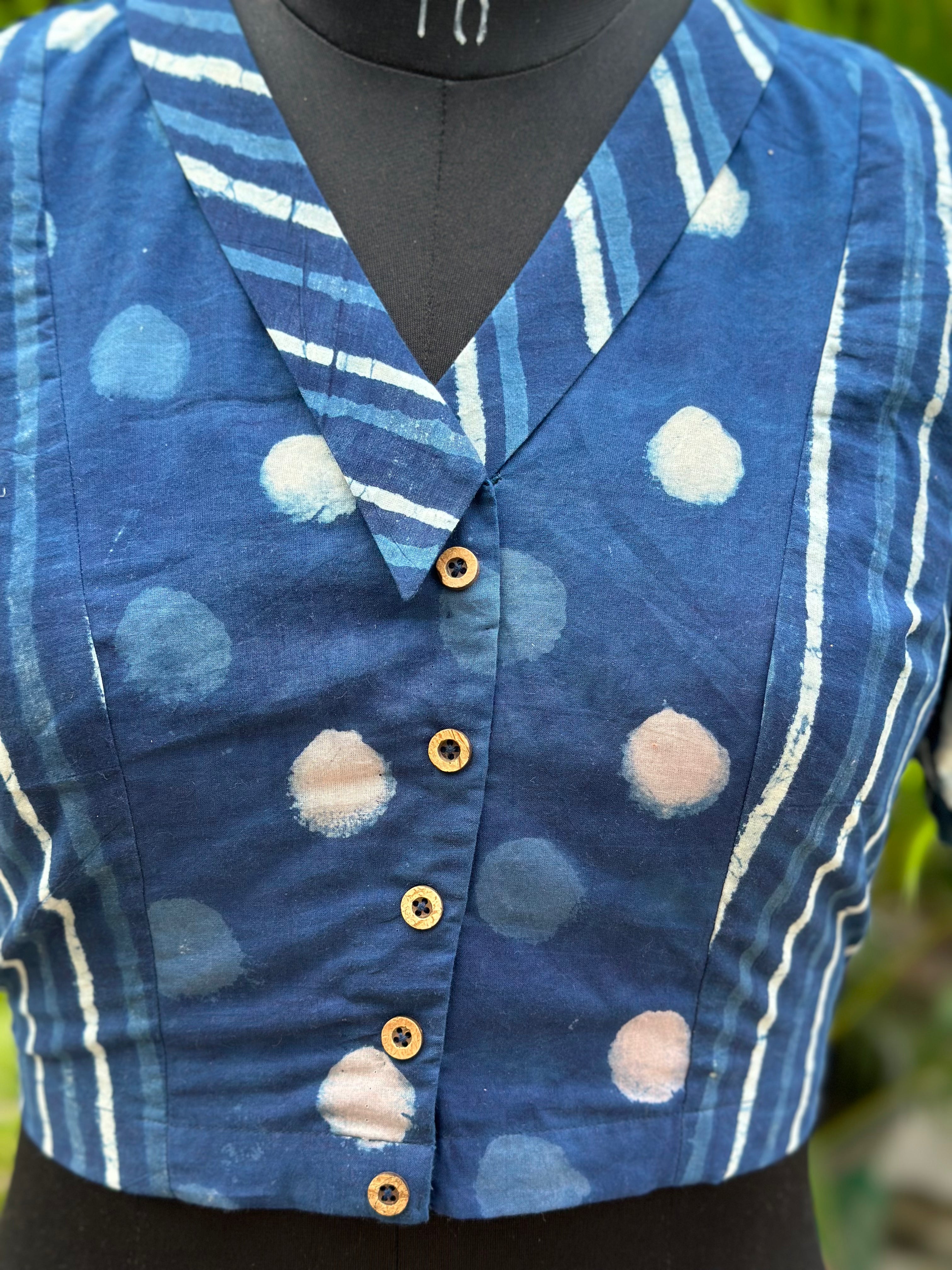 Indigo dabu handblock dual print cotton collared blouse with sleeves