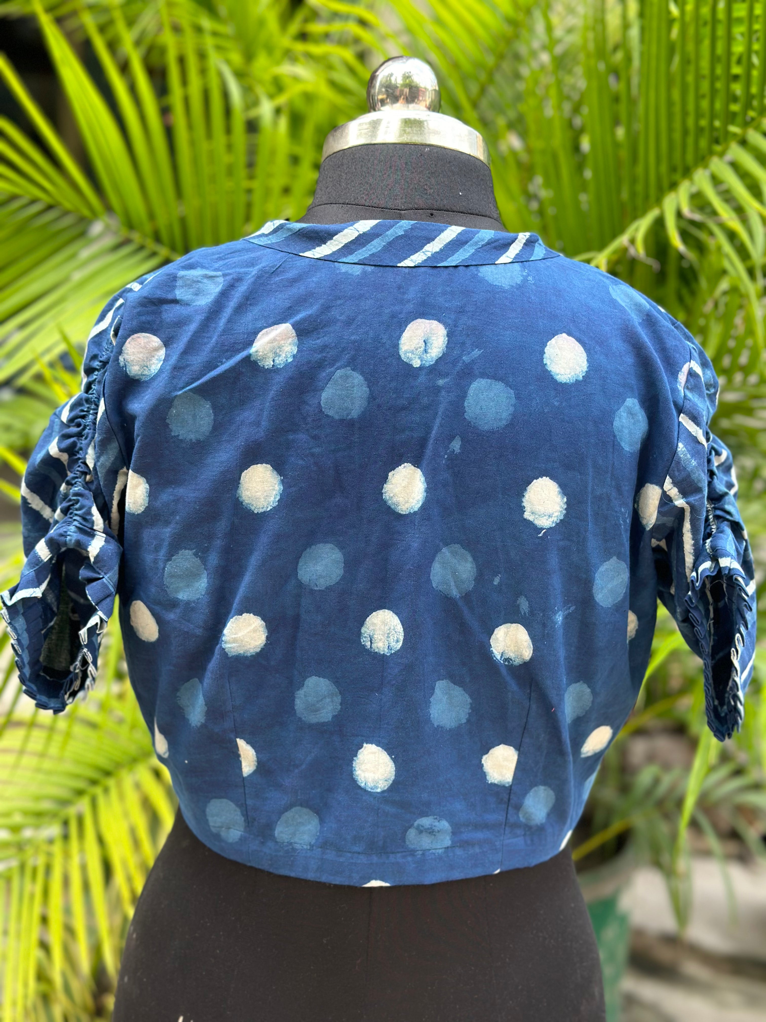 Indigo dabu handblock dual print cotton collared blouse with sleeves