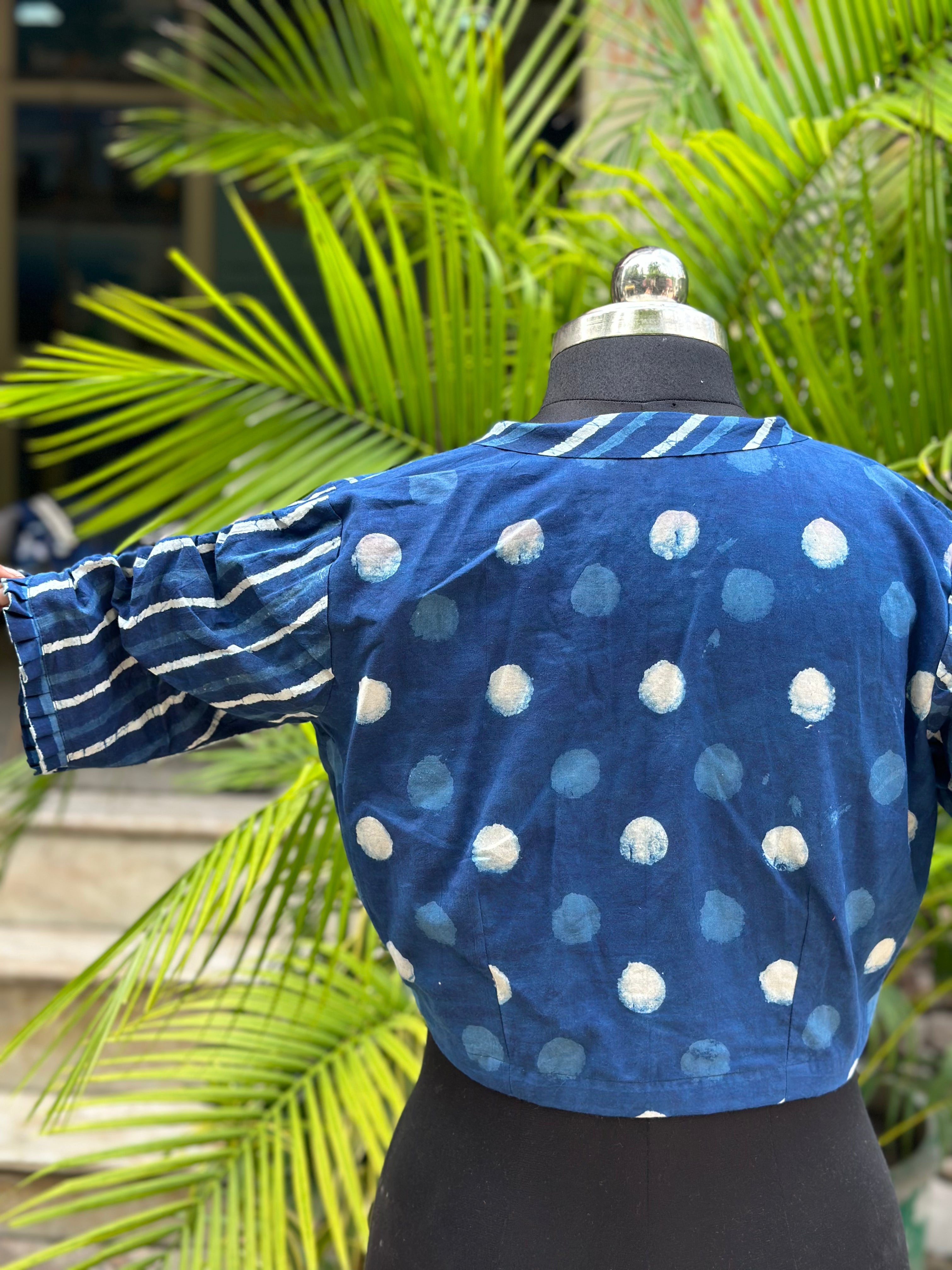Indigo dabu handblock dual print cotton collared blouse with sleeves