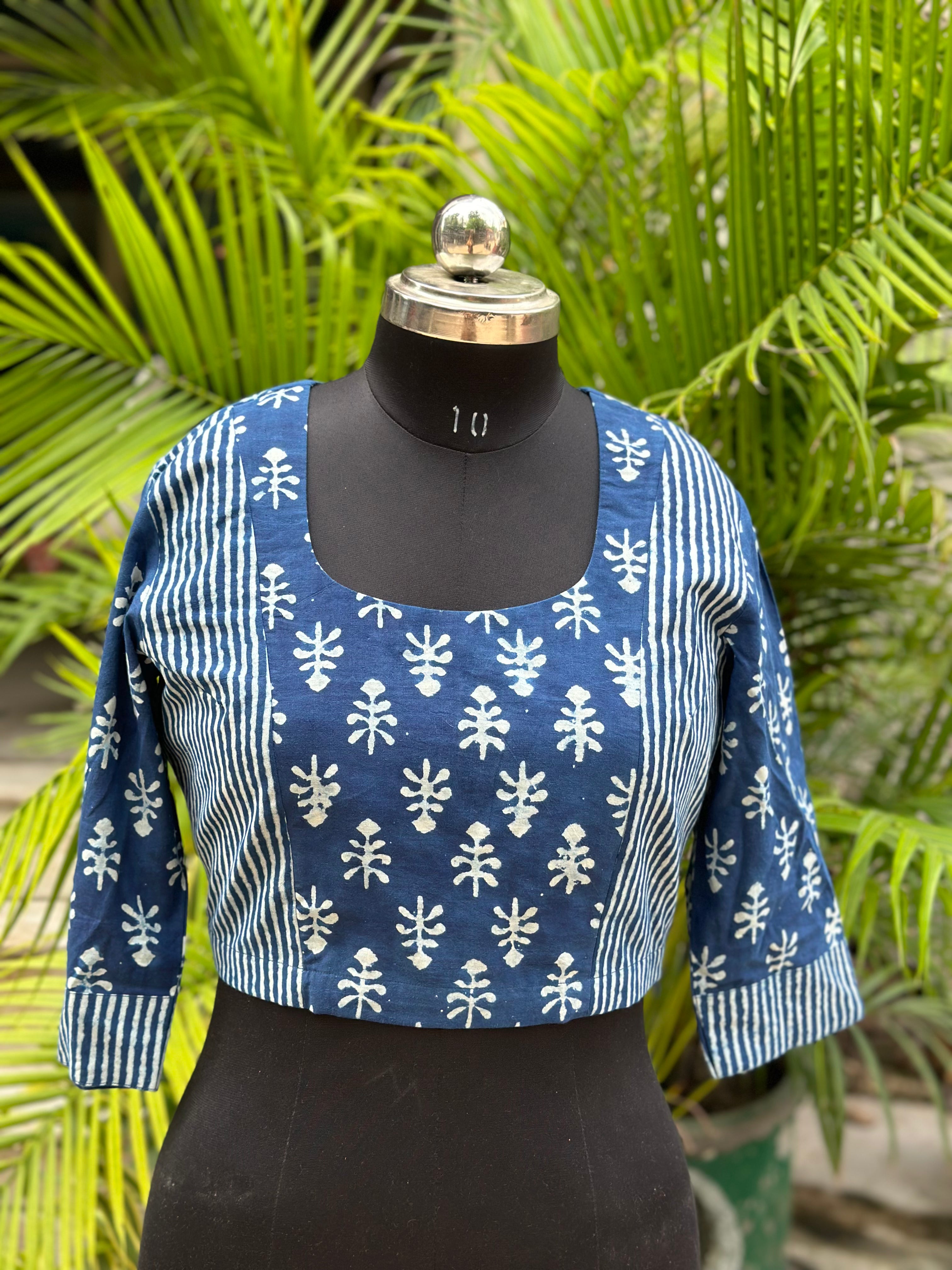 Indigo Dabu Handblock Dual Print Cotton Round Neck Blouse with Sleeves