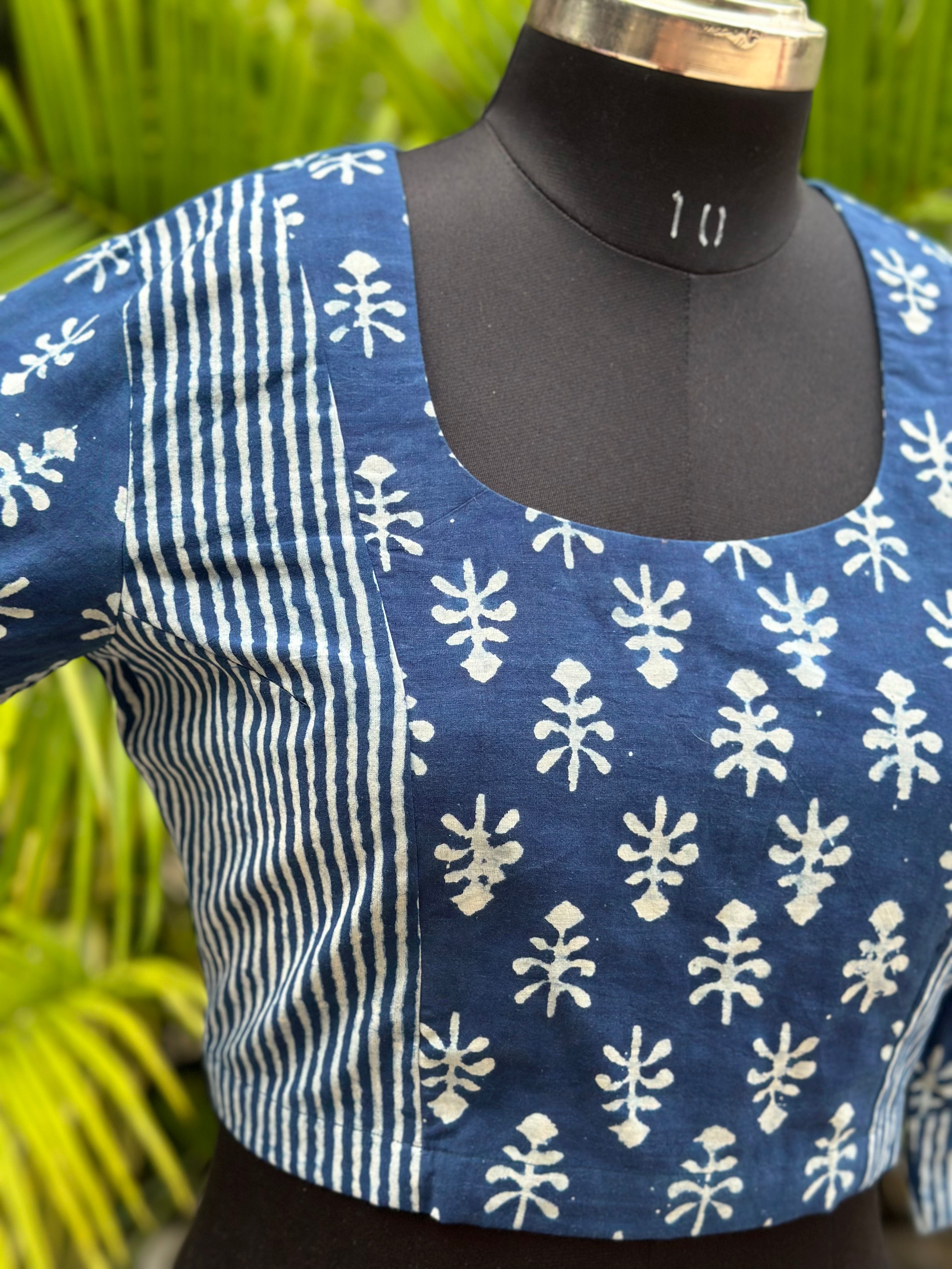 Indigo Dabu Handblock Dual Print Cotton Round Neck Blouse with Sleeves