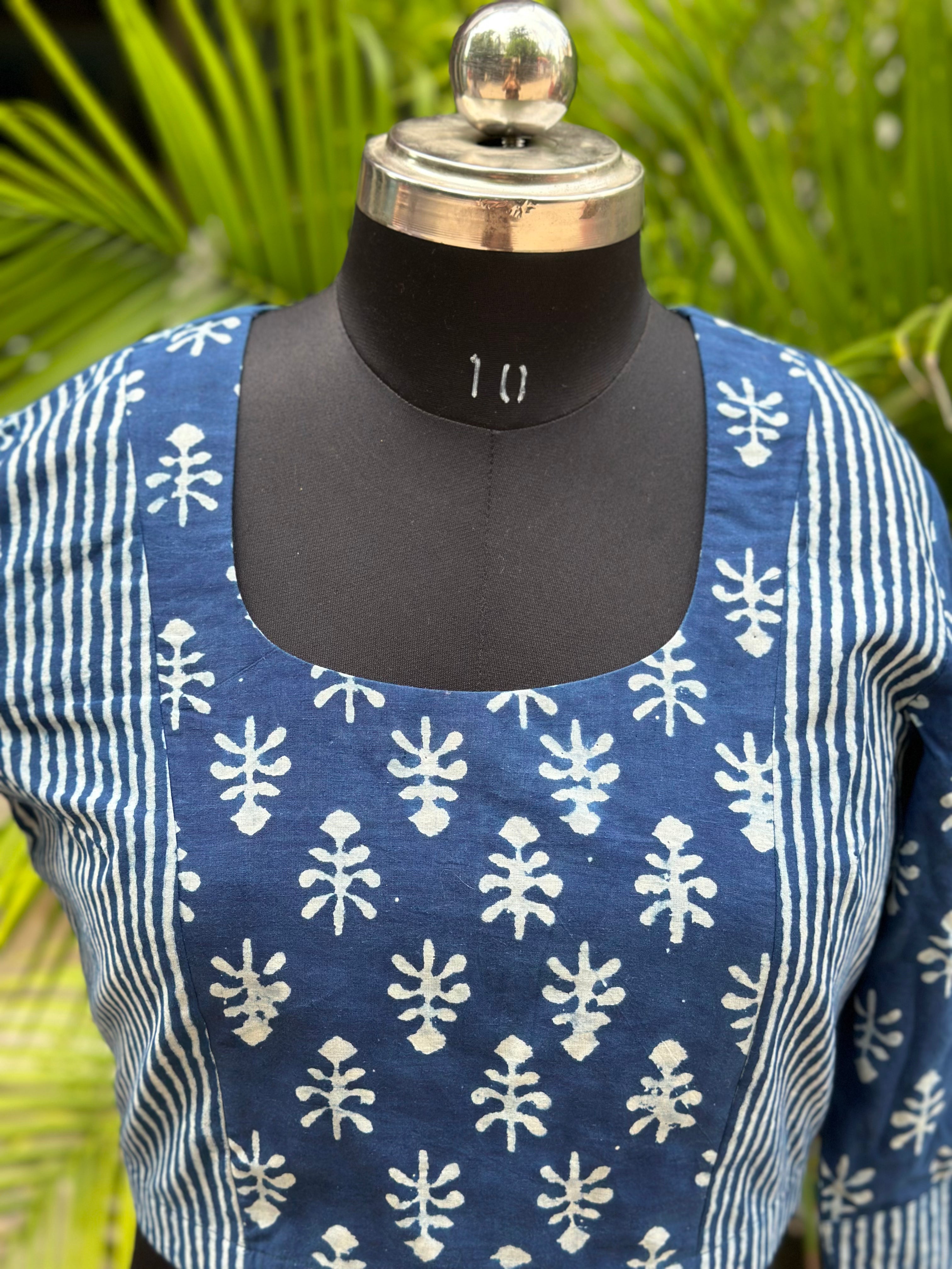 Indigo Dabu Handblock Dual Print Cotton Round Neck Blouse with Sleeves