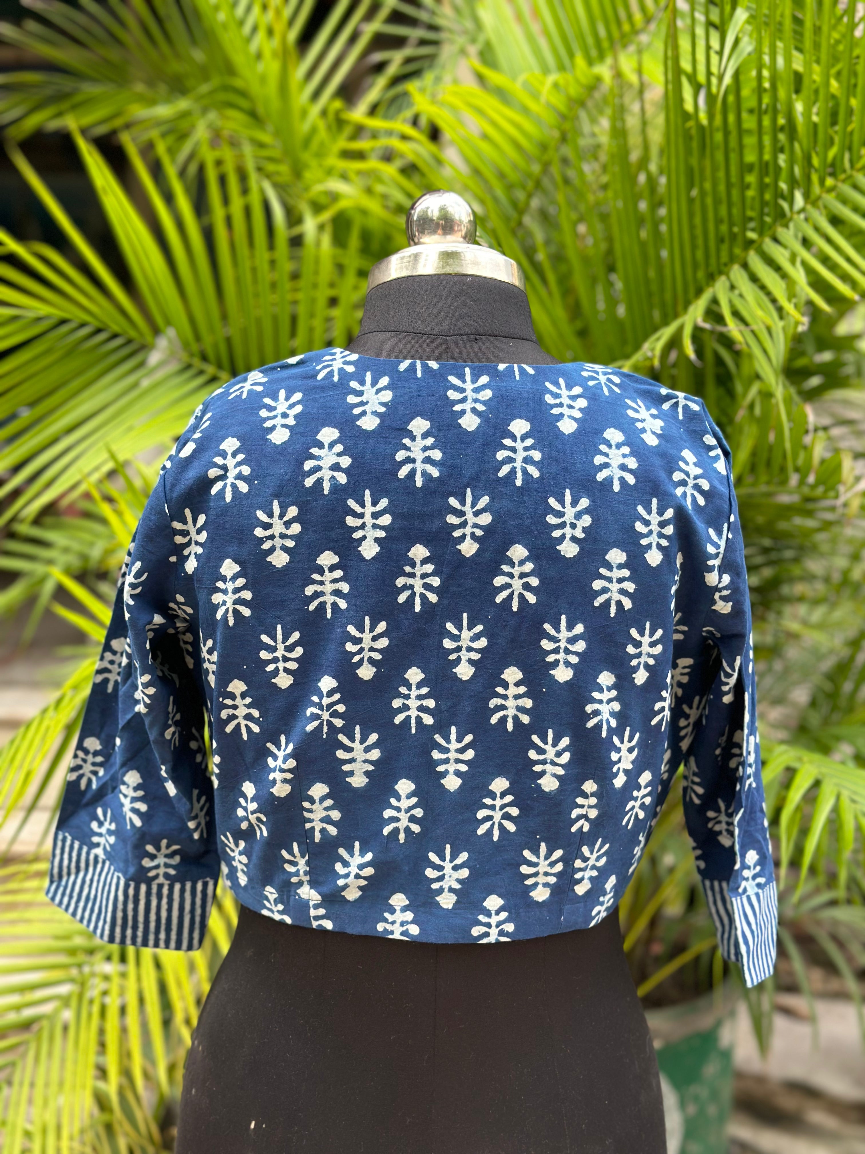 Indigo Dabu Handblock Dual Print Cotton Round Neck Blouse with Sleeves