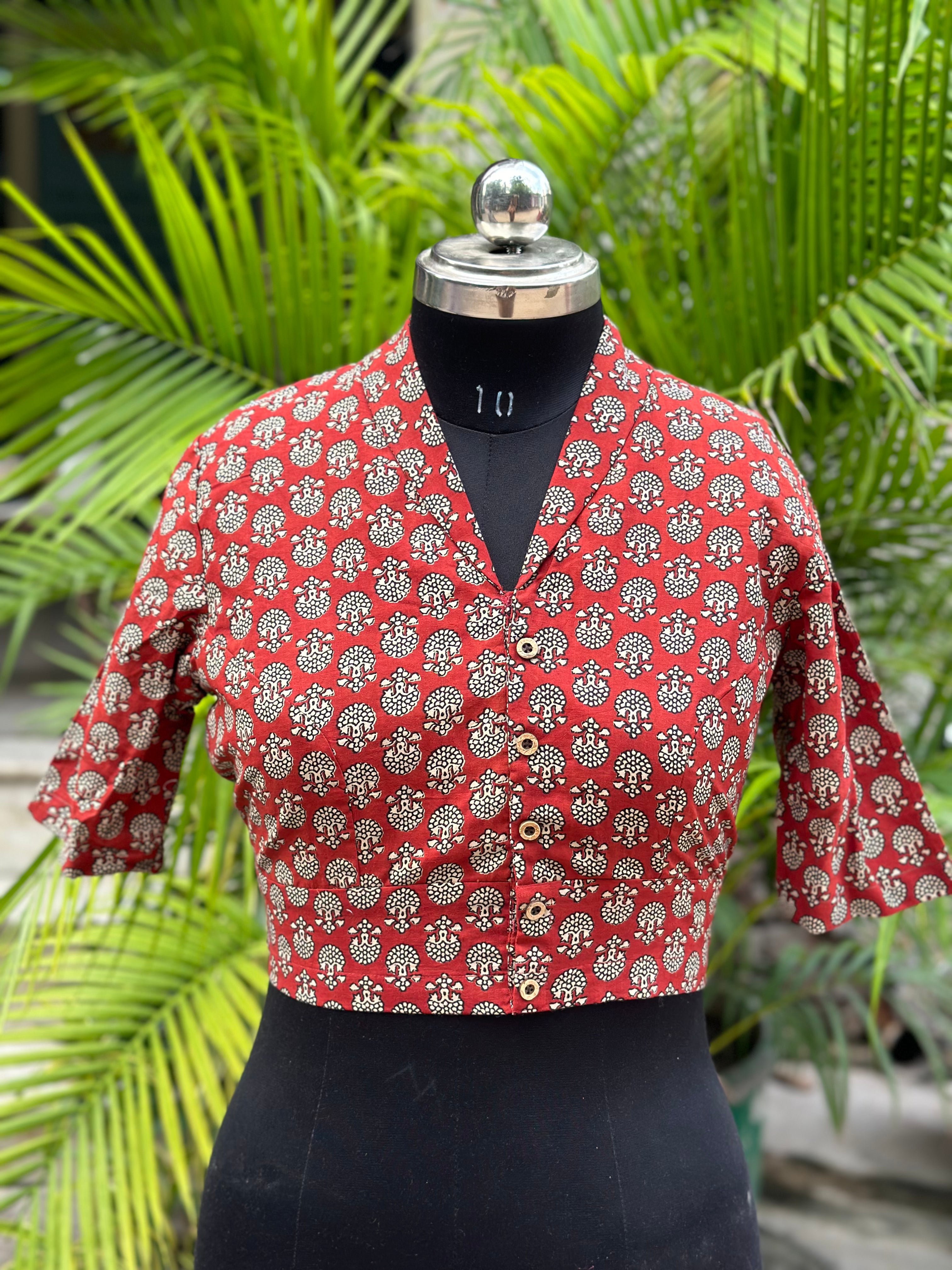 Red Bagru Handblock Print Cotton Blouse with Collar neck and sleeves