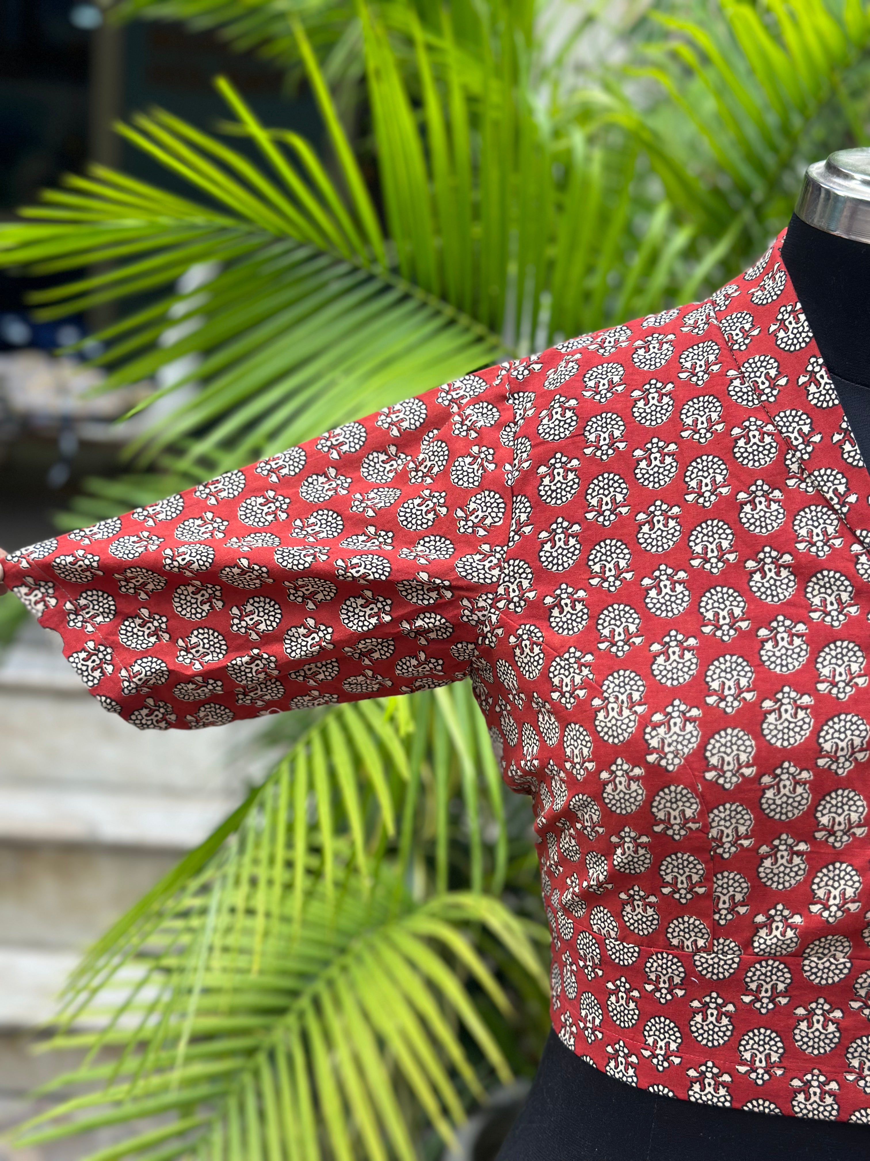 Red Bagru Handblock Print Cotton Blouse with Collar neck and sleeves