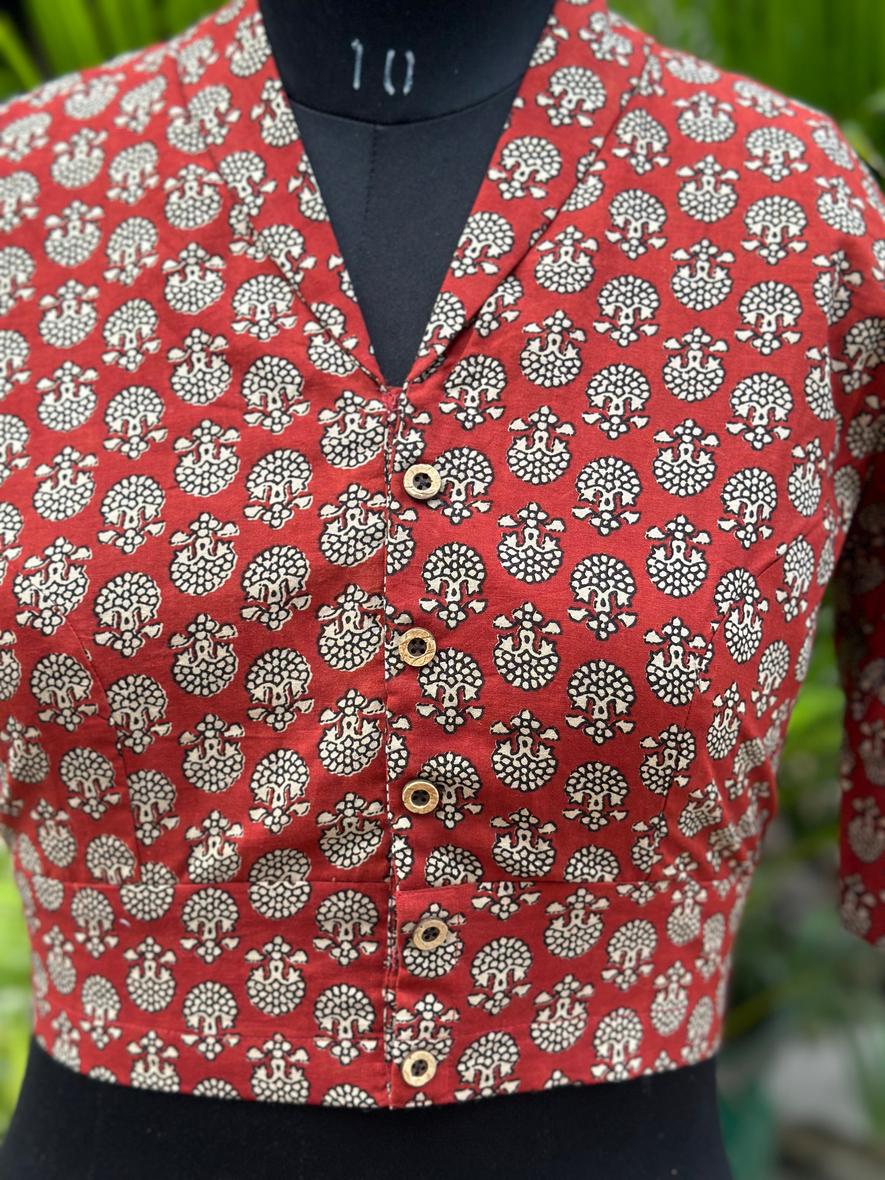 Red Bagru Handblock Print Cotton Blouse with Collar neck and sleeves