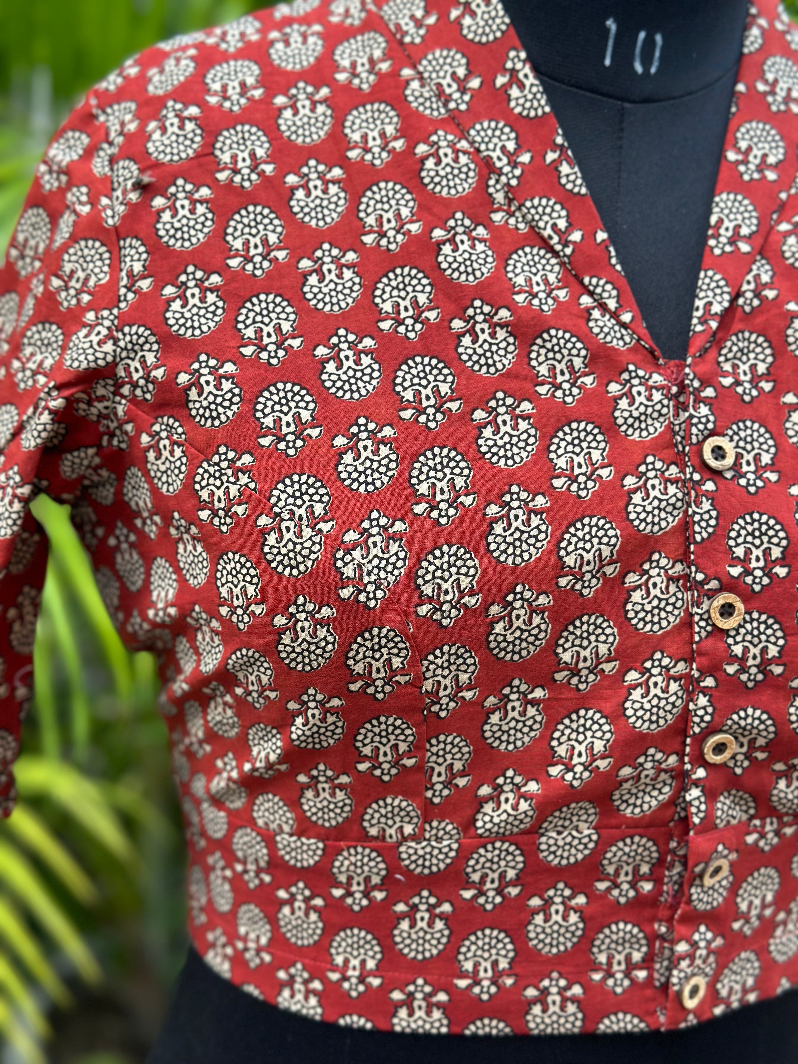 Red Bagru Handblock Print Cotton Blouse with Collar neck and sleeves