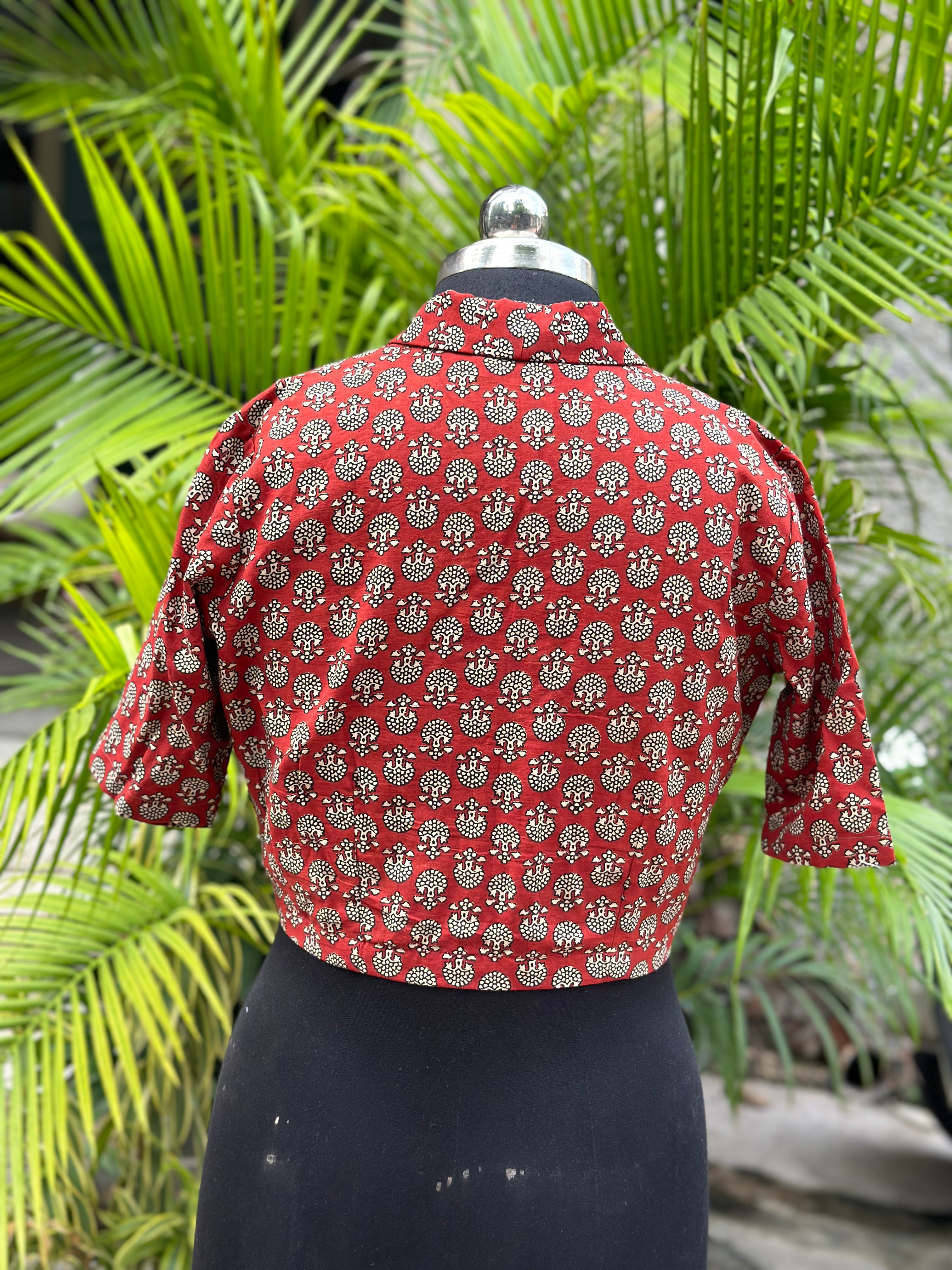 Red Bagru Handblock Print Cotton Blouse with Collar neck and sleeves