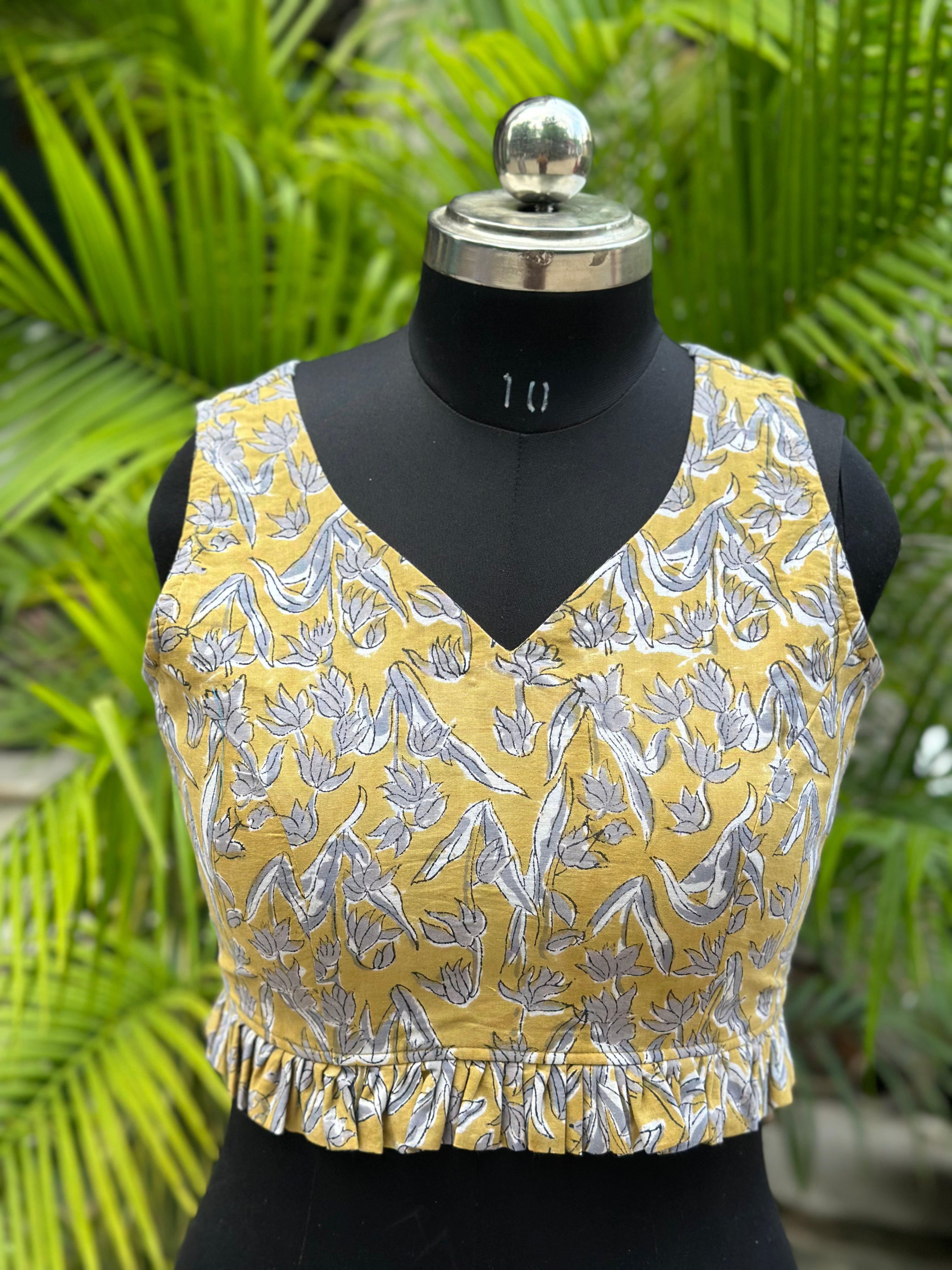 Mustard Handblock Print cotton blouse with frills