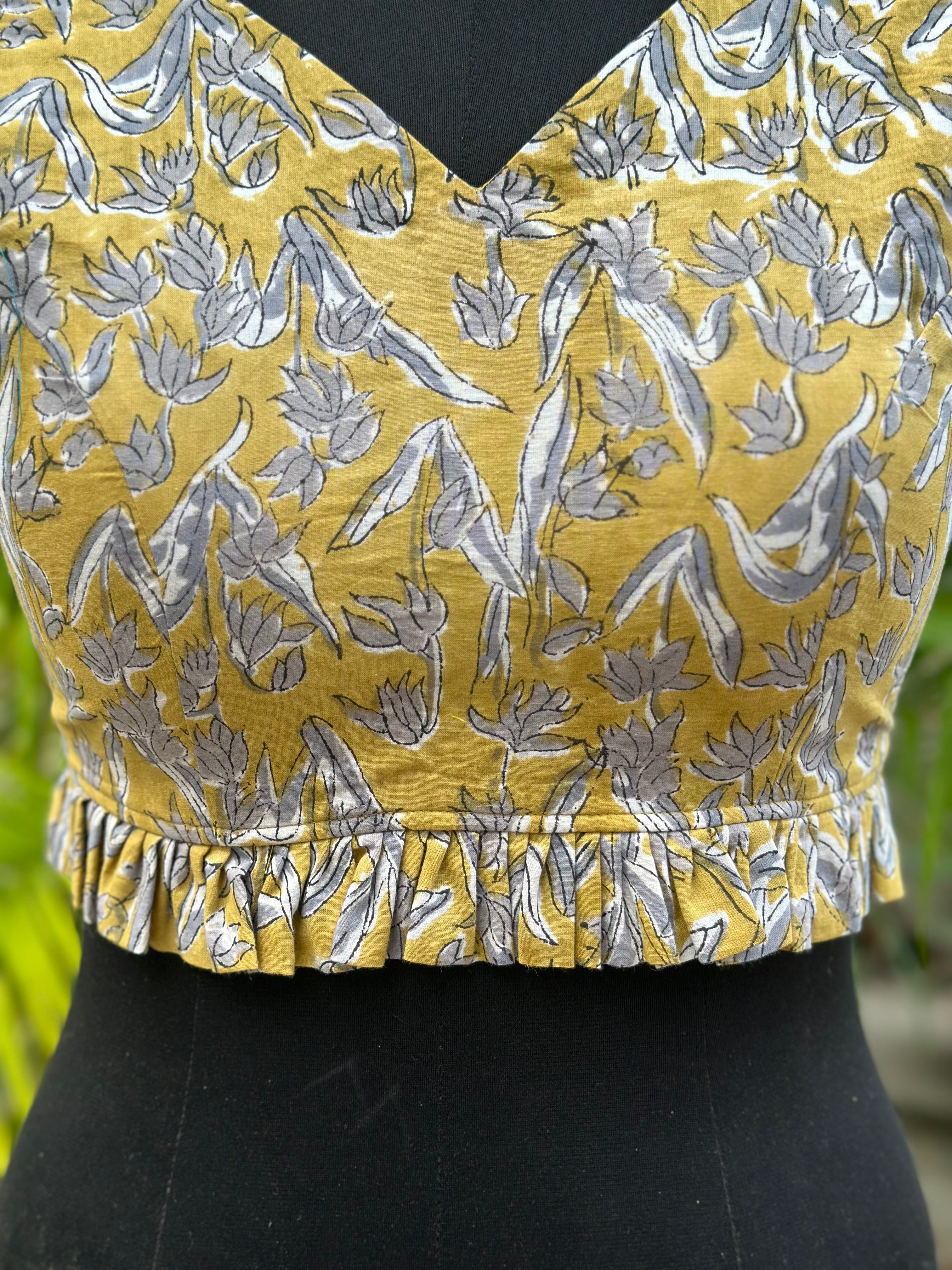 Mustard Handblock Print cotton blouse with frills
