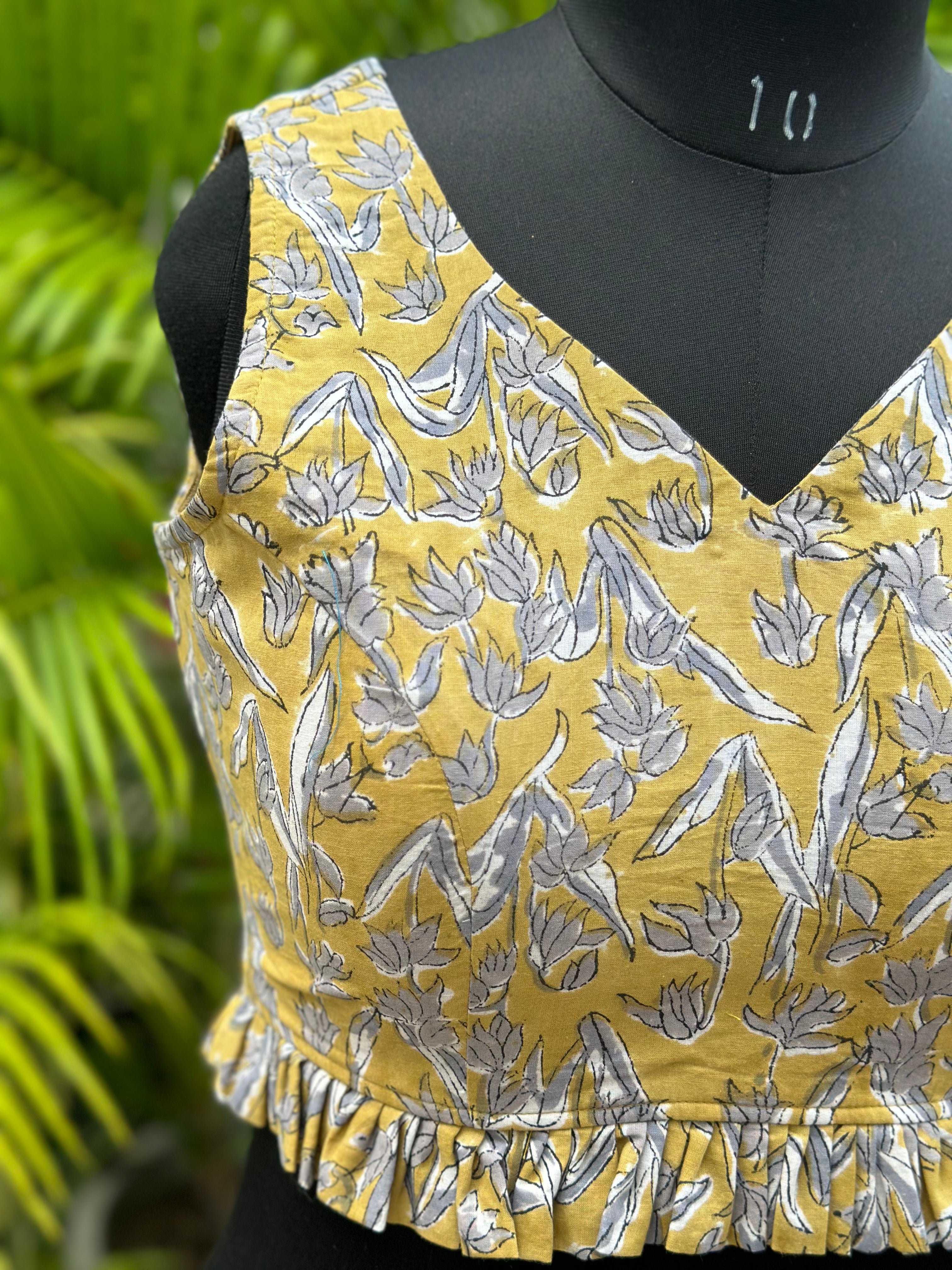 Mustard Handblock Print cotton blouse with frills