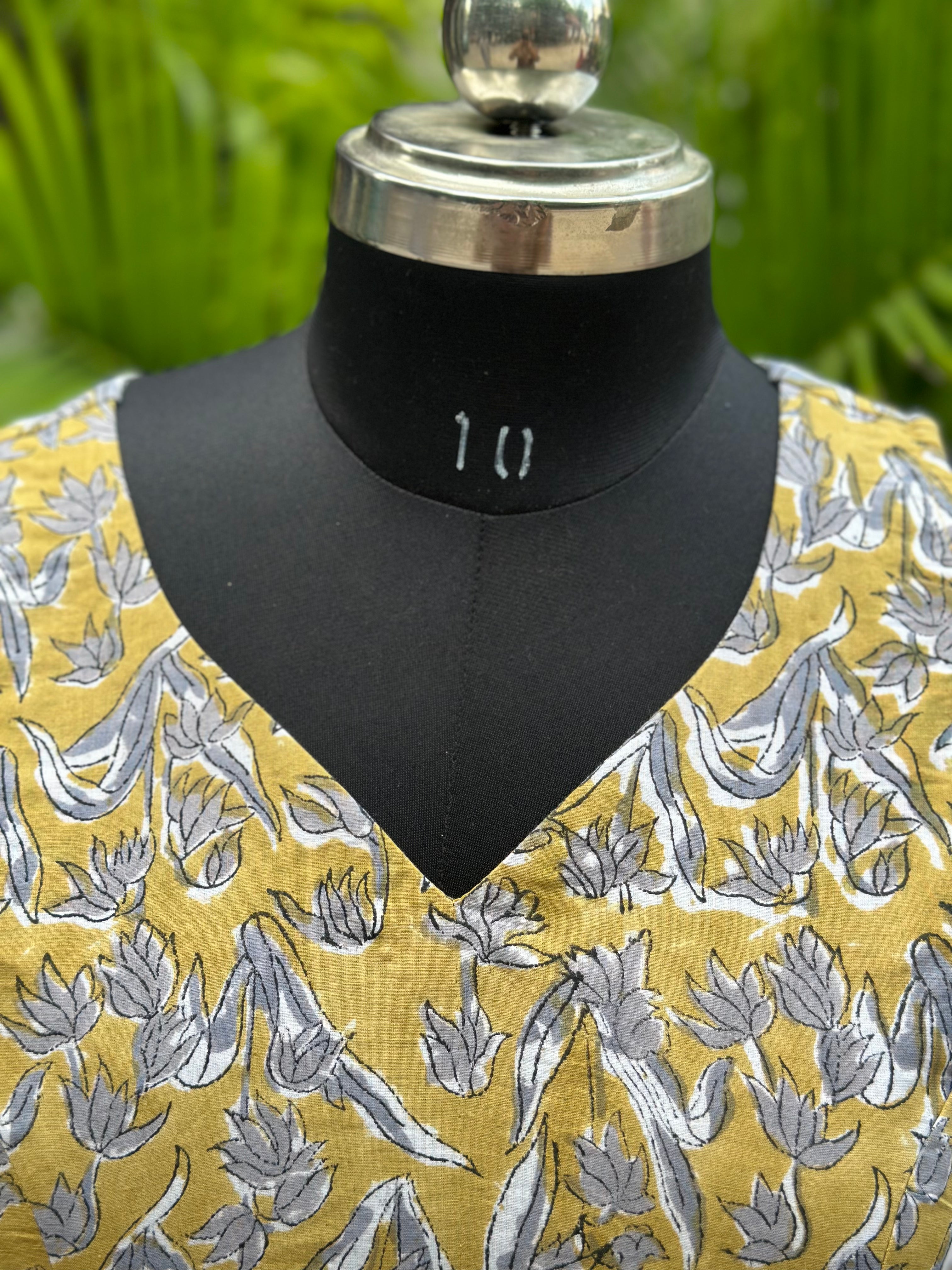 Mustard Handblock Print cotton blouse with frills