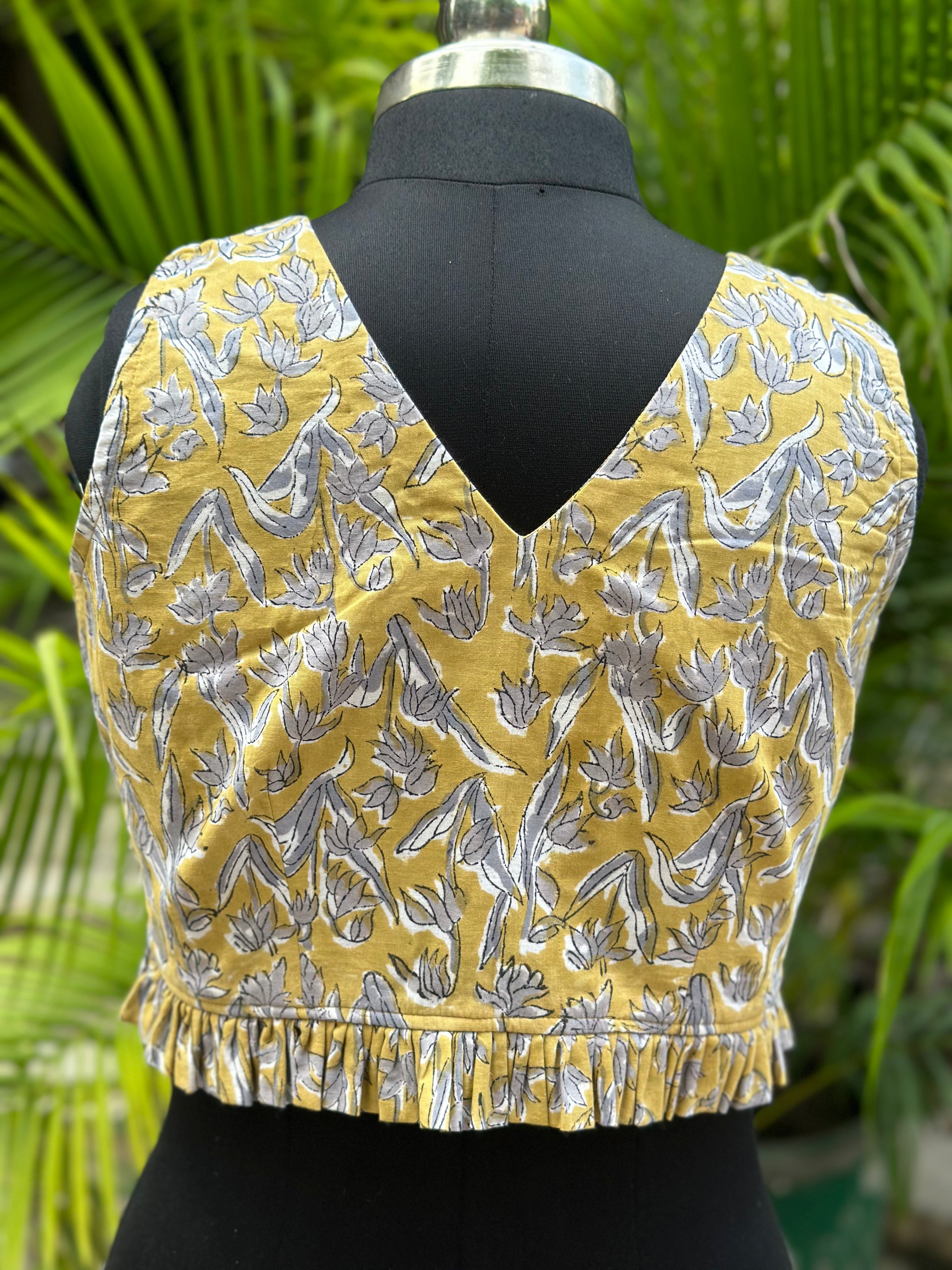 Mustard Handblock Print cotton blouse with frills