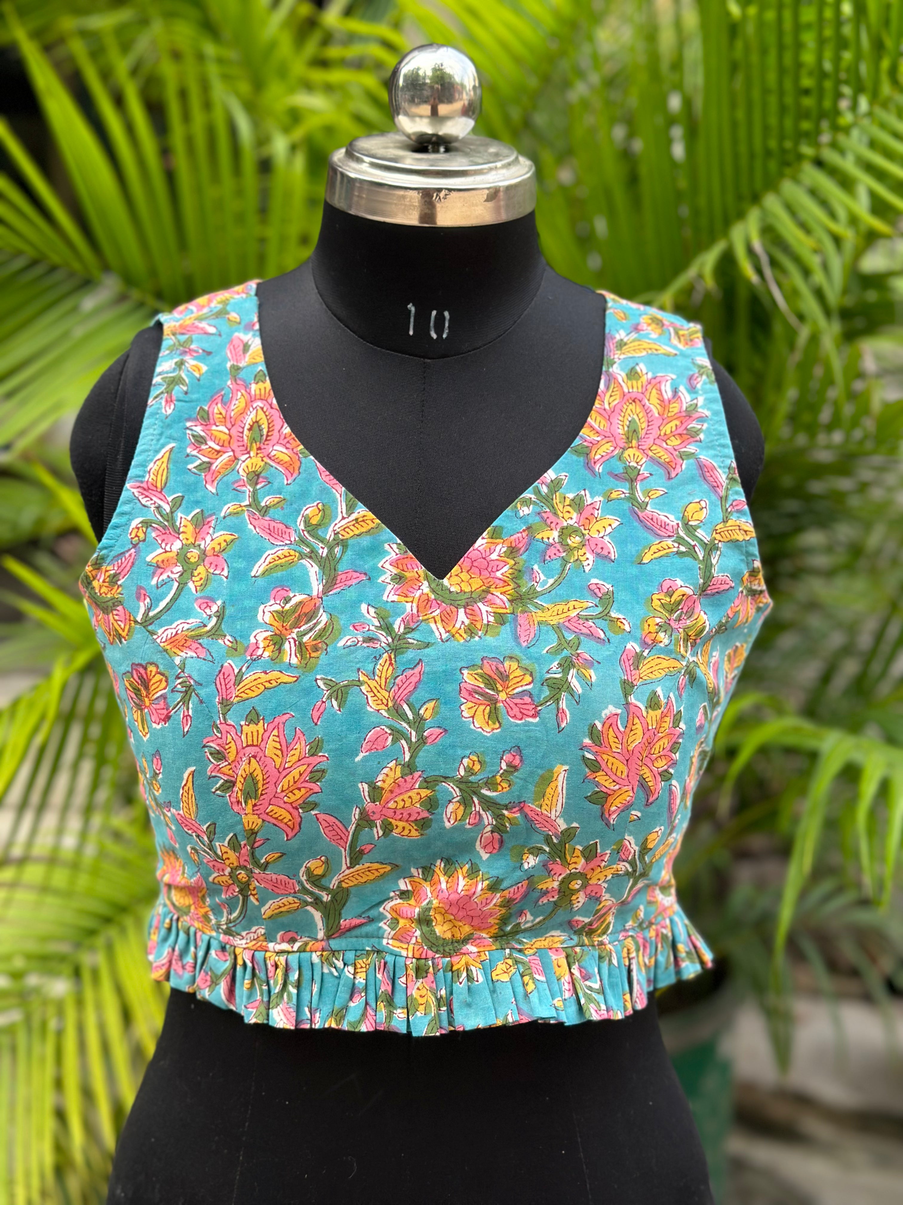 Blue Sanganeri Handblock Print Cotton Blouse with Frills