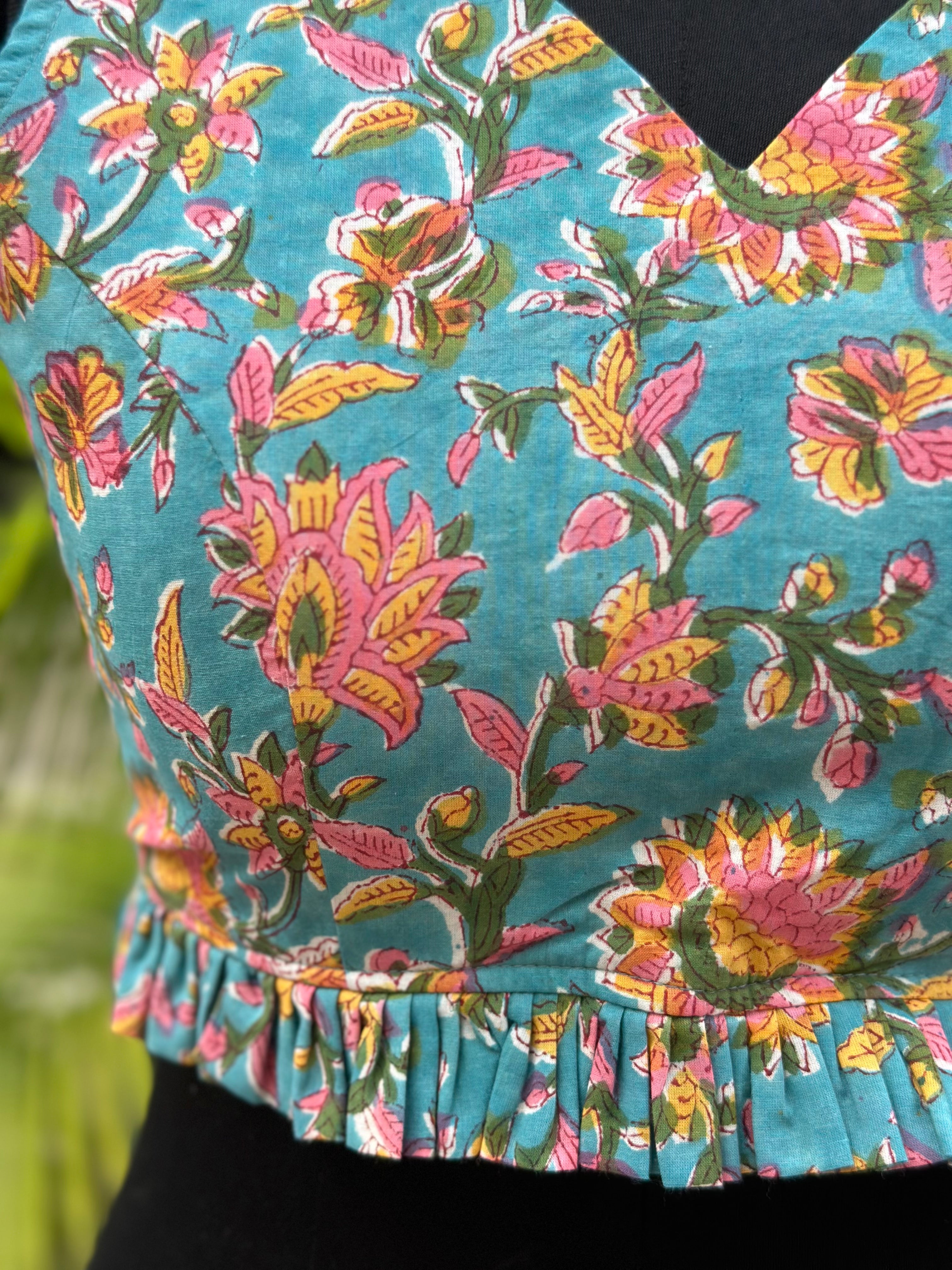 Blue Sanganeri Handblock Print Cotton Blouse with Frills