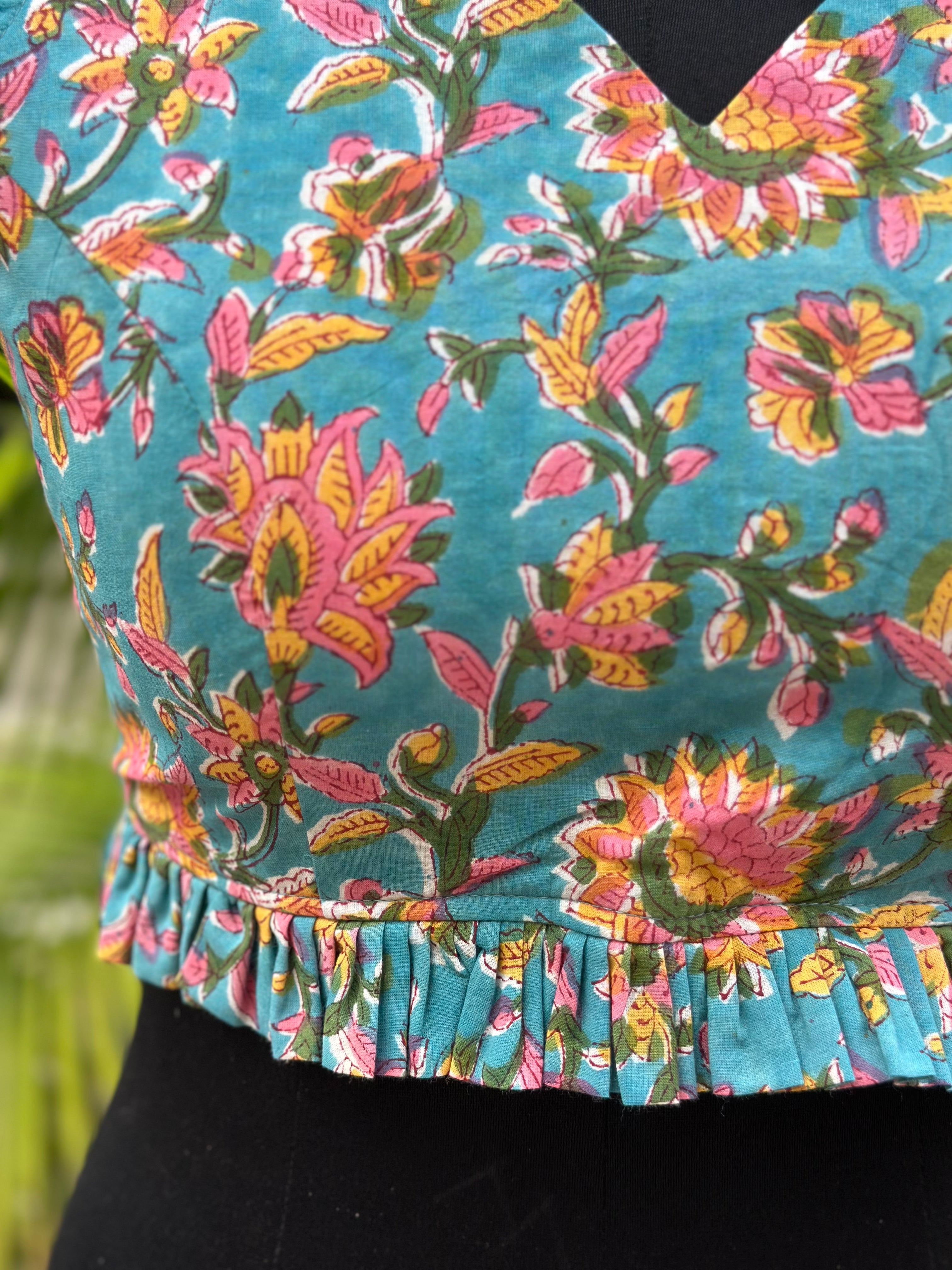 Blue Sanganeri Handblock Print Cotton Blouse with Frills