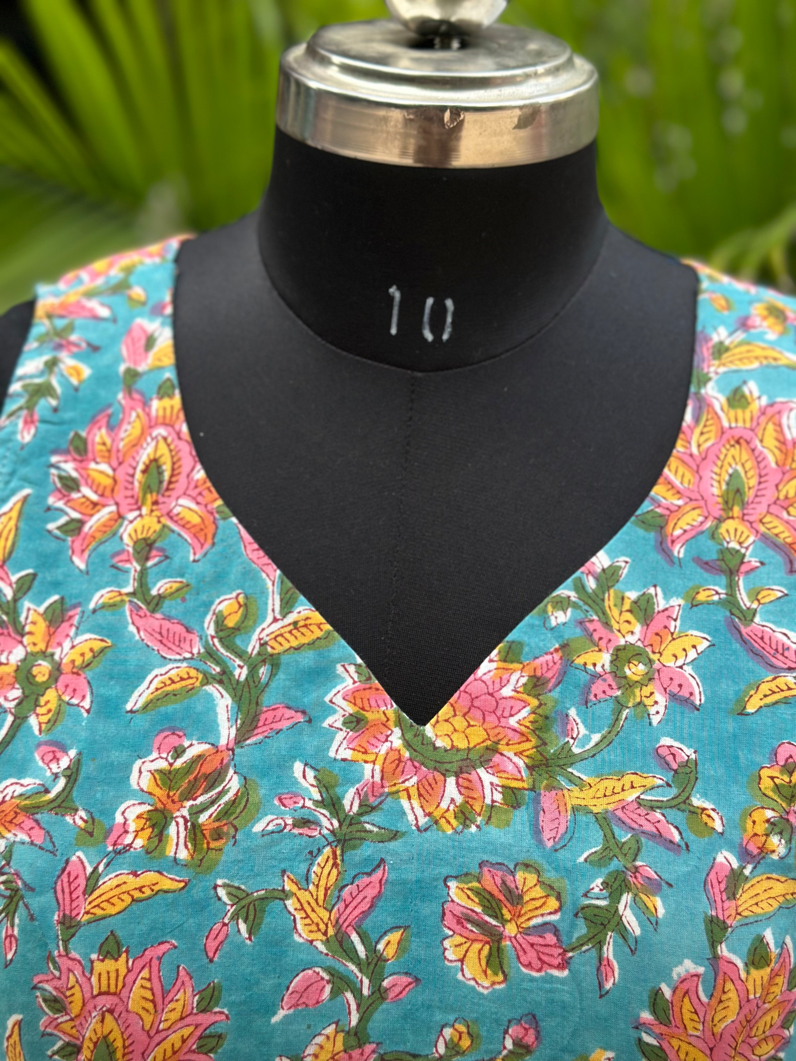 Blue Sanganeri Handblock Print Cotton Blouse with Frills